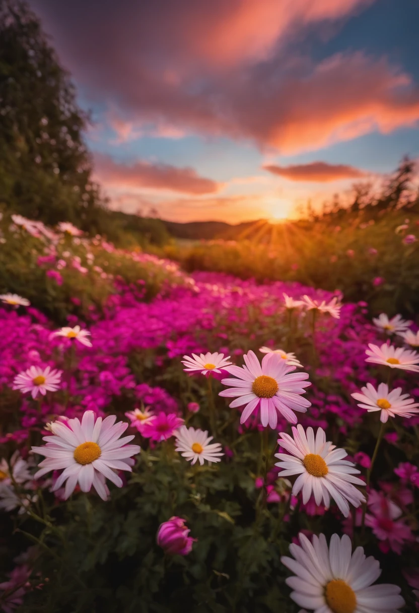 10,000 daisy flowers, Beautiful and perfect, eventide,Fuchsia sky,vibrant with colors.High saturation,