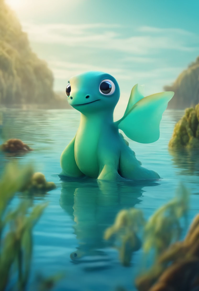 A Kelpy small and cute monster standing at clear ocean, the kelp color is gradient from blue to drak green. In cartoon theme