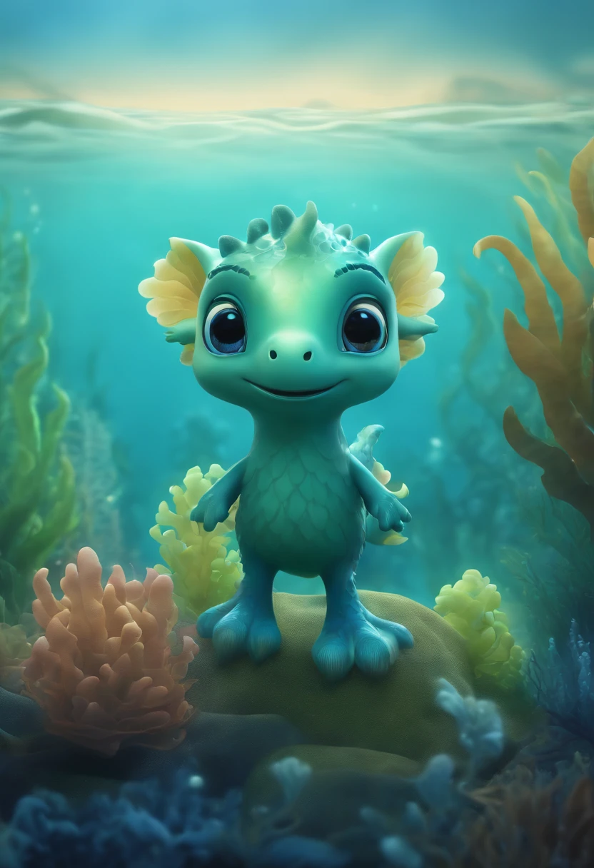 A Kelpy small and cute monster standing at clear ocean, the kelp color is gradient from blue to drak green. In cartoon theme