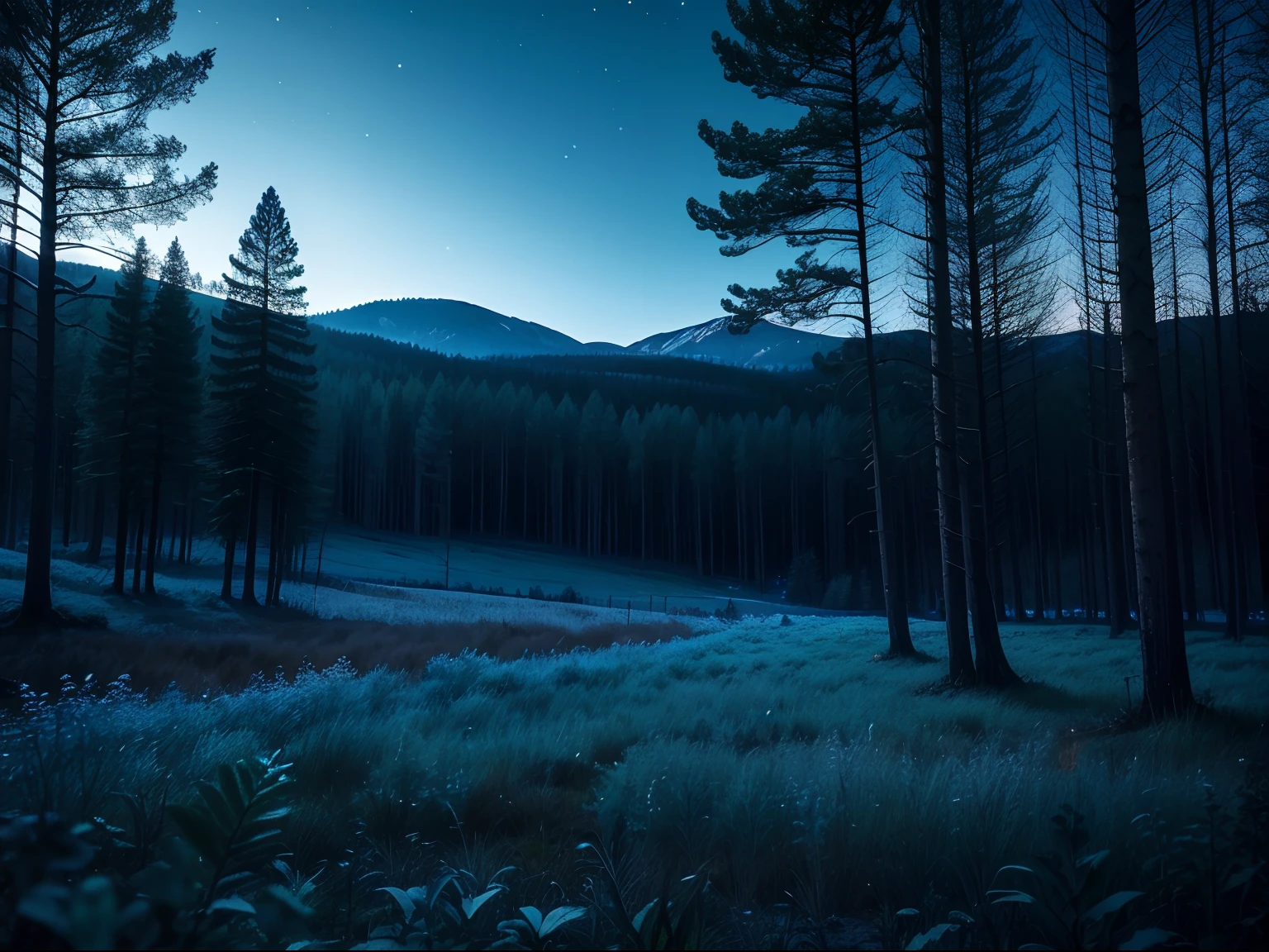Feild with dark silloheute of forests behind it, clear blue sky, dark, ((((night time)))