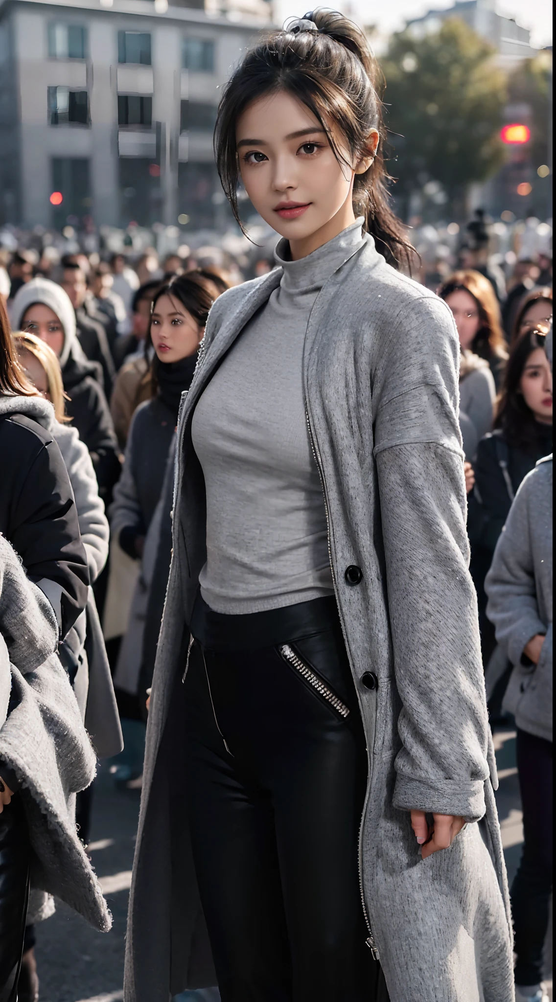 (shoulder length straight short black hair: 1.3), （Extremely meticulous CG 8k wallpaper),16k,(Extremely refined and beautiful），（Masterpiece），（best qualtiy：1.0），（Ultra High Resolution：1.0），beautiful light up，Perfect lightning，realistic shaded，[A high resolution],(Smooth and flawless fair skin:1.5),(shiny skin:1.5),Extremely exquisite facial details,(perfect body：1.1),ultra - detailed,A beautiful girl,small head,(short ponytail:1.2),(Small breasts:1.1),Flat chests，slim，thin，Smile，cheerfulness,(maxi light grey woolen coat:1.5),(dark grey high necked T-shirt with a zipper:1.3),(black pants:1.4),(white sneakers:1.2),slender legs,(nightfall:1.5),Sunset light,(Surrounded by a crowded crowd:1.5),At the school gate,standing,upper body,close shot,from front,cowboy shot