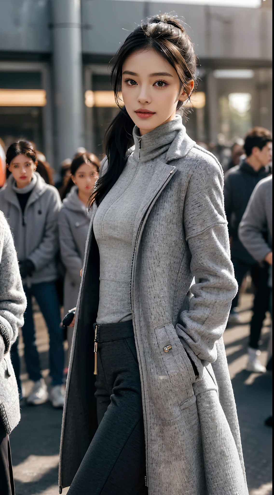 (shoulder length straight short black hair: 1.3), （Extremely meticulous CG 8k wallpaper),16k,(Extremely refined and beautiful），（Masterpiece），（best qualtiy：1.0），（Ultra High Resolution：1.0），beautiful light up，Perfect lightning，realistic shaded，[A high resolution],(Smooth and flawless fair skin:1.5),(shiny skin:1.5),Extremely exquisite facial details,(perfect body：1.1),ultra - detailed,A beautiful girl,small head,(short ponytail:1.2),(Small breasts:1.1),Flat chests，slim，thin，Smile，cheerfulness,(maxi light grey woolen coat:1.5),(dark grey high necked T-shirt with a zipper:1.3),(black pants:1.4),(white sneakers:1.2),slender legs,(nightfall:1.5),Sunset light,(Surrounded by a crowded crowd:1.5),At the school gate,standing,upper body,close shot,from front,cowboy shot