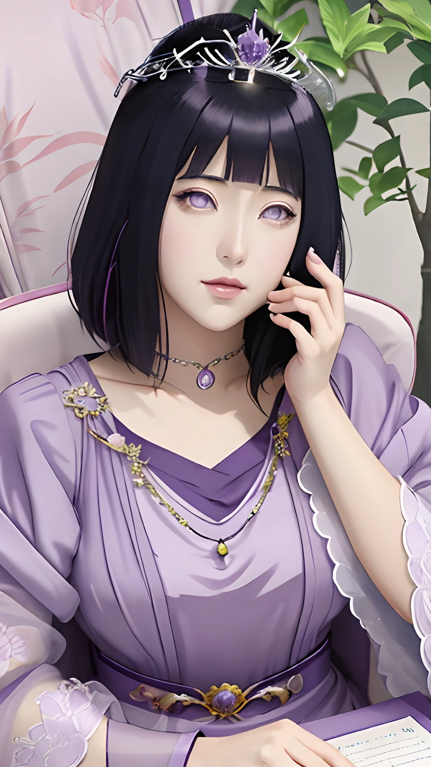 there is a drawing of a woman in a purple dress sitting on a purple chair, hinata hyuga, ((a beautiful fantasy empress)), anime princess,  in an anime style, cel - shaded art style, lovely queen, a beautiful fantasy empress