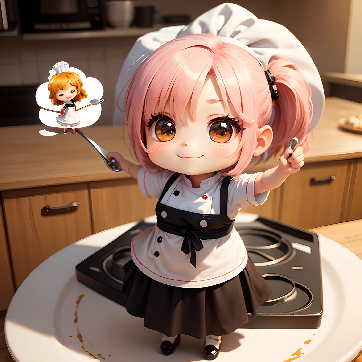 ​masterpiece、top-quality、ultra-detailliert、(Chibi Chara　chef:1.3)、Chef's white costume、Chibi Kitchen、Cook、Standing、A smile、
