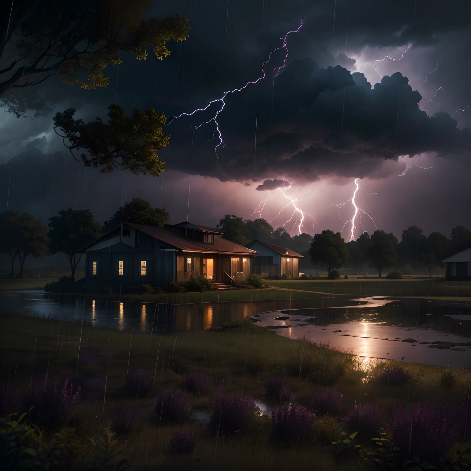 Paisagem de campo realista, a noite, rainy with lightning in the background --auto