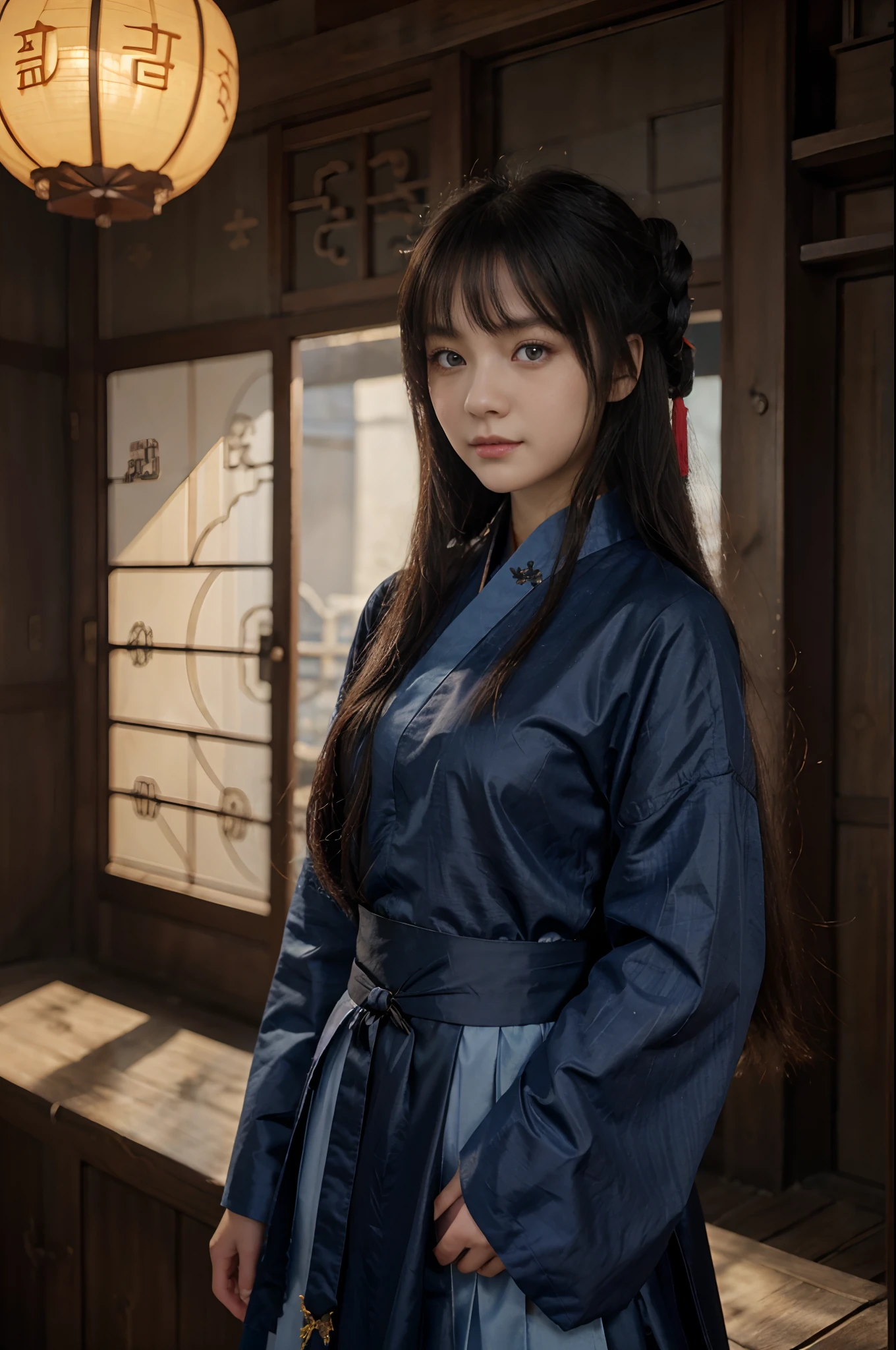 a 18 years-old female, beautiful, (wearing dark blue hanfu), (take a Chinese paper fan), kind but wears a evil smile, black long hair,bright eyes, gradient eyes, (real and anime style), reflection light, ray tracing, depth of field, (cowboy shot), cinematic lighting, masterpiece, best quality, high details, highres, HD, 1080P
