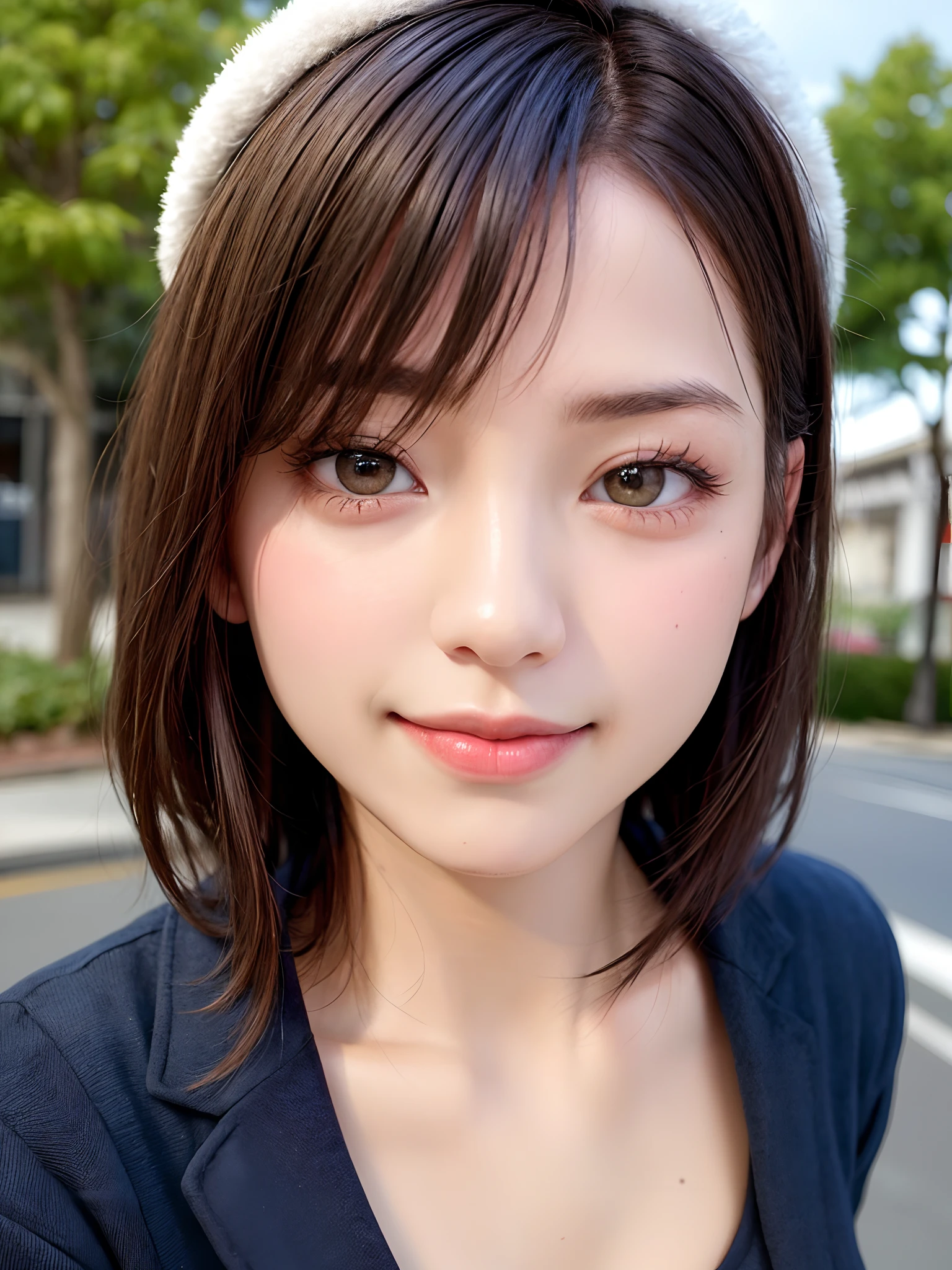 (Face Focus、Very eye focus、Head tilt、Very chest focus、hyper realisitic、Photorealistic、masutepiece:1.4, top-quality:1.4、Add intense highlights to the eyes:1.4、short shiny hair:1.4 ),1girl in, 独奏, short dark hair, scarf, Hats,, realisitic, looking at the viewers, brown eyes of light color,, shorth hair, coat, Winter clothes, White headscarf, s lips, lipgloss:1.4，bangss,a closed mouth, The upper part of the body、big eye、Lashes、((Street))、((Shorthair with bangs:1.4、big eye、Put very strong highlights in your students、{Gigantic|Big|Huge|Mega} breasts, cleavage、very Bigger breasts、gazing at viewer、Very beautiful beauty、Put your ears out、long neck、little smiling、Close your mouth and smile)))、Beautiful adult woman full of charm:1.4、(Autumn leaves are blue without people or cars々tree-lined street)