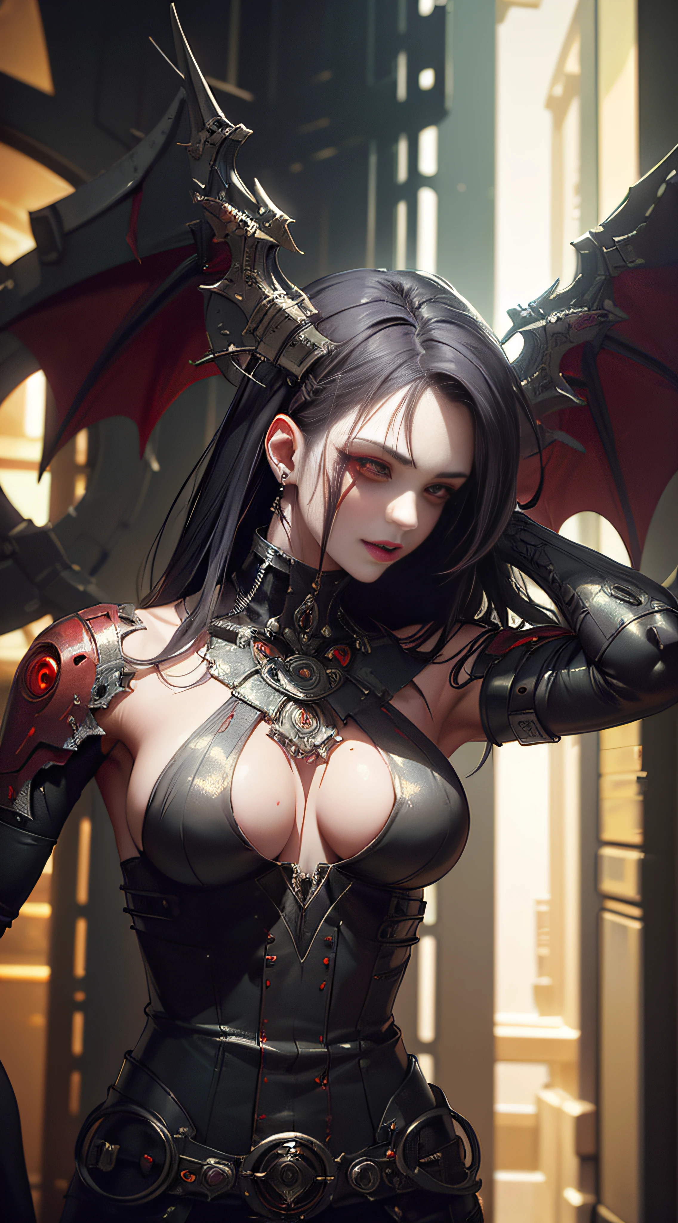 (masterpiece) cyberpunk vampire, sharp fangs (red eyes, sharp fangs appear behind the upper lip, metal body) (depth of field, best quality, digital art, ultra detailed)