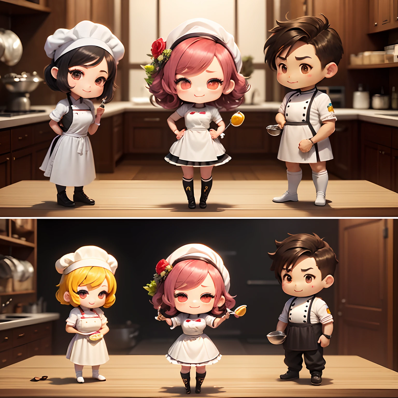masterpiece、top-quality、ultra-detailliert、(Chibi Chara chef:1.3)、Chef's white costume、(Chibi Kitchen:1.1)、Cook、Standing、A smile、