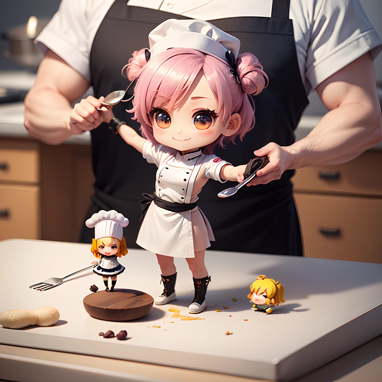 masterpiece、top-quality、ultra-detailliert、(Chibi Chara chef:1.3)、Chef's white costume、(Chibi Kitchen:1.1)、Cook、Standing、A smile、