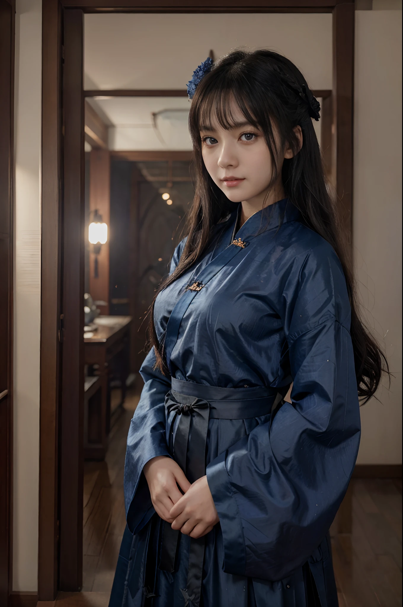 a 18 years-old female, beautiful, (wearing dark blue hanfu), (take a Chinese paper fan), kind but wears a evil smile, black long hair,bright eyes, gradient eyes, (real and anime style), reflection light, ray tracing, depth of field, (cowboy shot), cinematic lighting, masterpiece, best quality, high details, highres, HD, 1080P