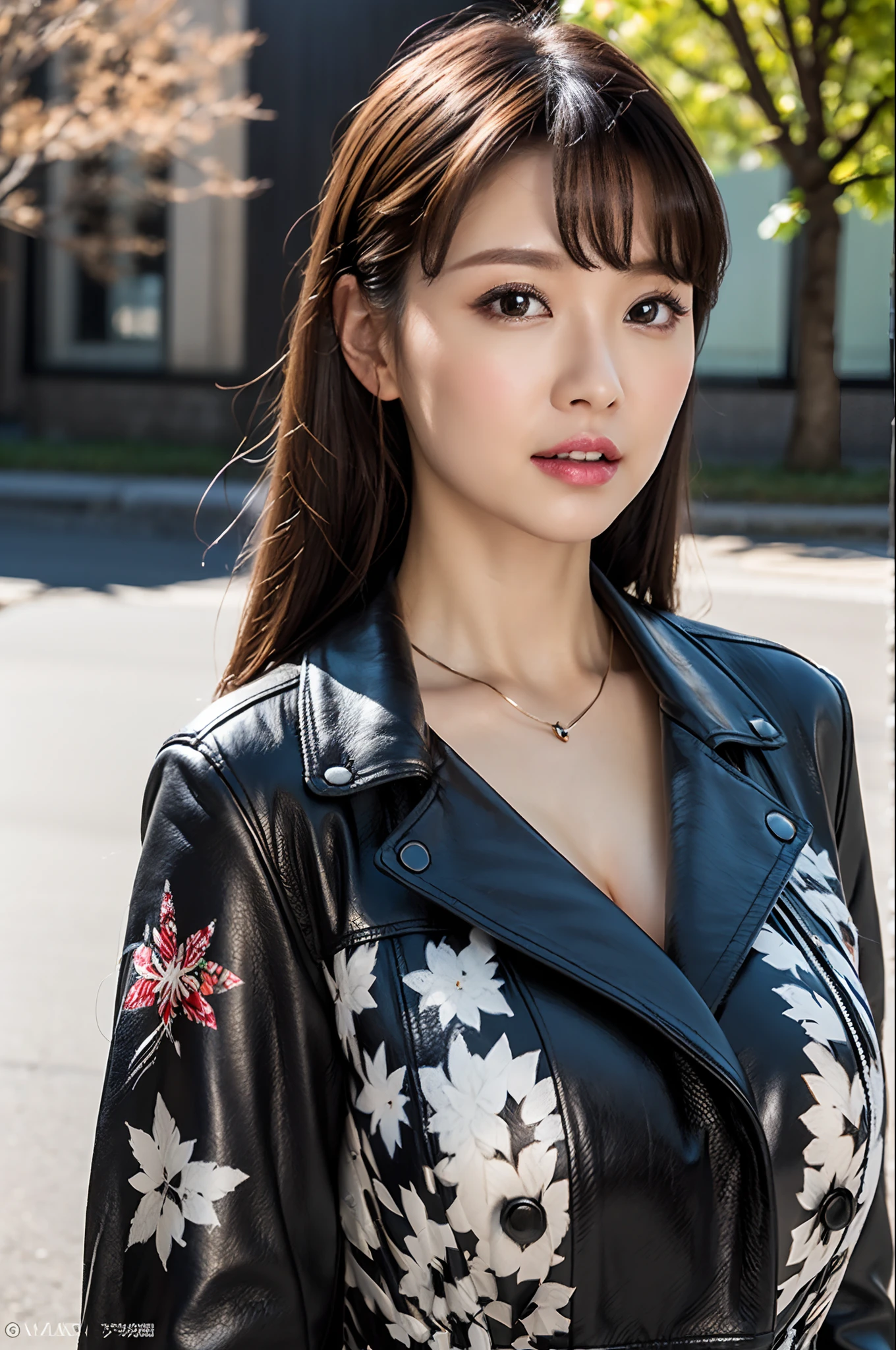 Winter scene、Snow runs、((Maxi dress with print pattern、leather jackets))、depth of fields,Real Light,Ray traching,OC Renderer,UE5 Renderer,Hyper-realistic,best qualtiy,8K,Works of masters,super-fine,Correct anatomy、Asian Women, (8K、RAW Photos、top-quality、masterpiece:1.2)、(realisitic、Photorealsitic:1.37)、25-years old、1人、light brown hair、详细的脸、Detailed lips、detailedeyes、(huge-breasted:1.5)、Alafed Women,