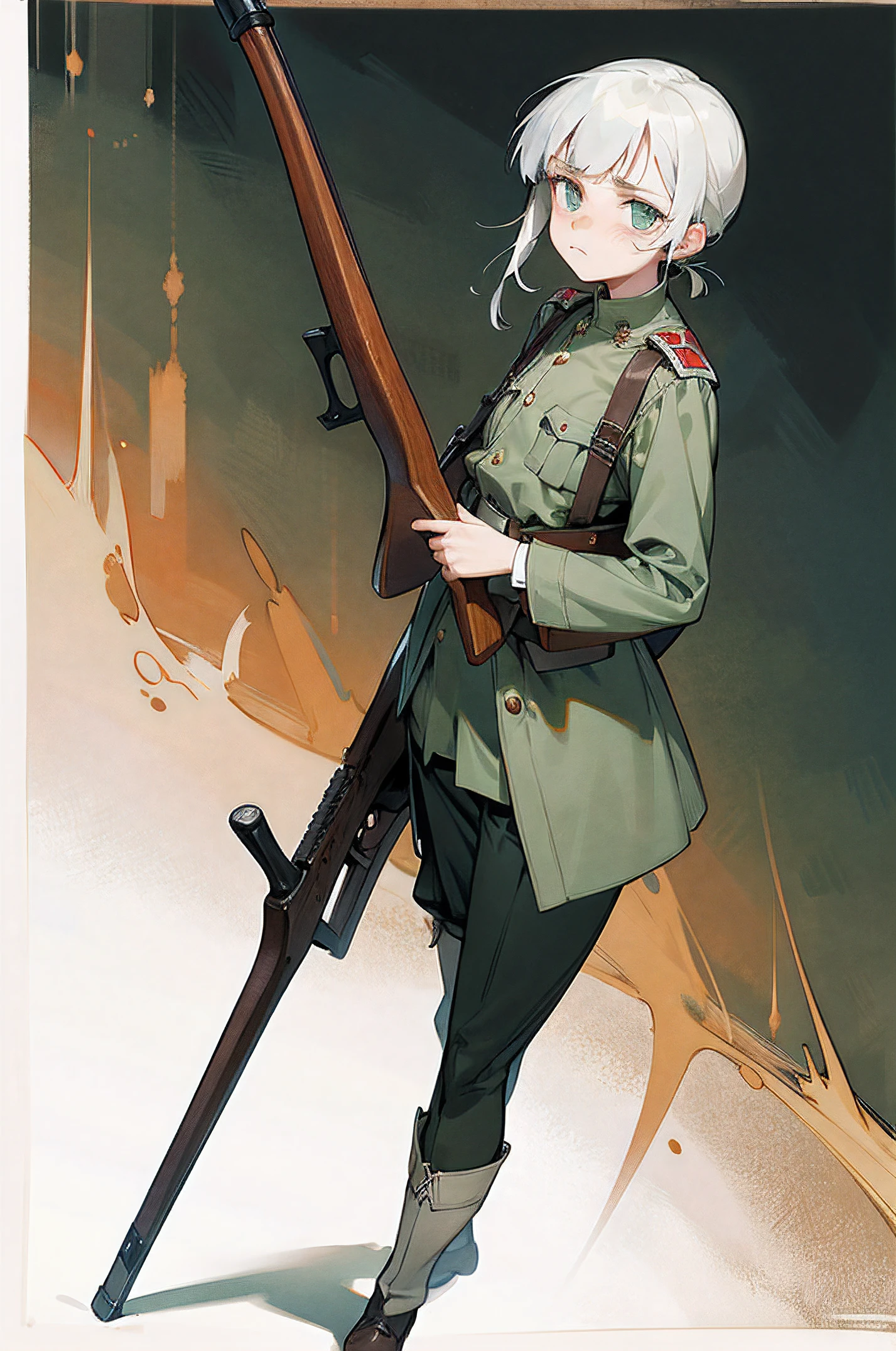 Gawr Gura wearing German World War 1 uniform, carrying bolt action rifle, sad face looking at viewer.
