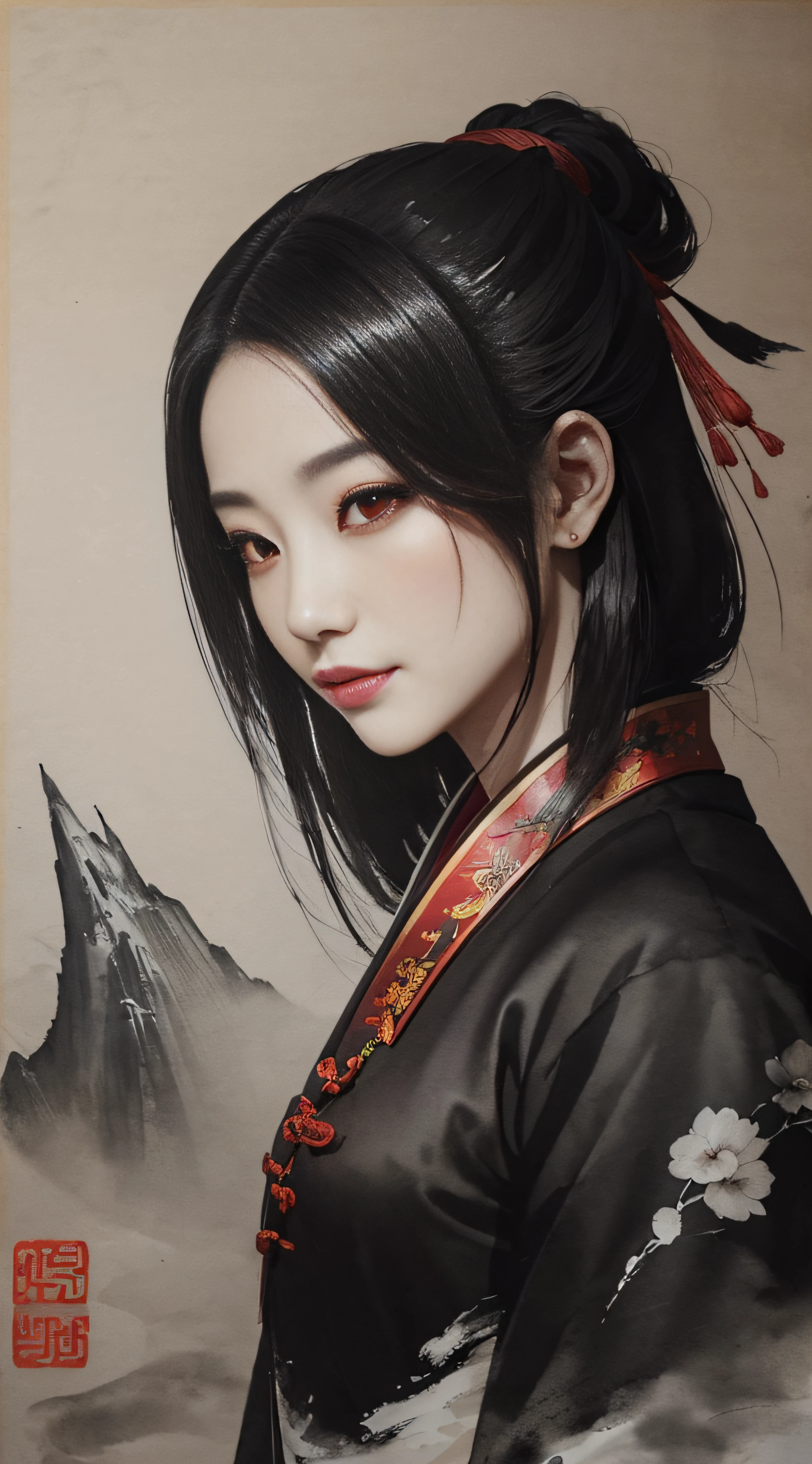 (masterpiece) ampire, pointed fangs (red eyes, pointed fangs appear behind the upper lip. Traditional ink painting Drawing on rice paper Use thick, clear ink to create light and dark variations and layers. Solitary atmosphere, Fog. traditional Chinese art, author Guo Xi, author Ma Yuanyu, traditional Chinese painting, author Hirsute, author Create Mu, author: Yang Buzhi, author Li Kela, author Gu An, ink painting, ink painting, Chinese painting style