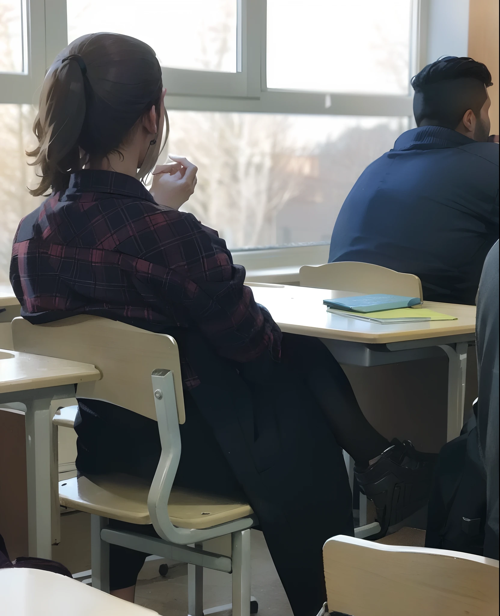 People sitting at table in classroom, sitting in the classroom, standing in class, in class, in the school classroom, Classroom in the background, sat at his desk, Man in the foreground, In college, candid shot, Study in a brightly lit room, Perched at Desk, Student, sitting across the room, school classroom, looking distracted and awkward