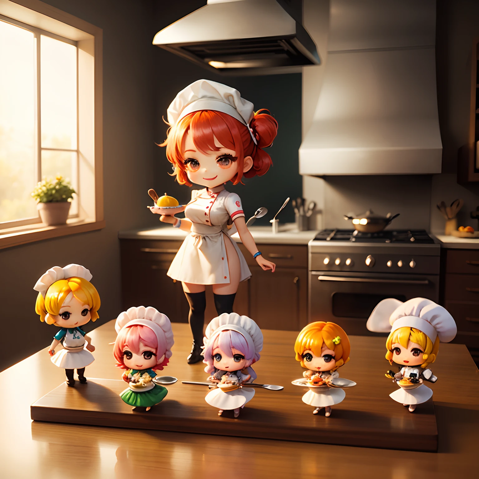 masterpiece、top-quality、ultra-detailliert、(Chibi Chara chef:1.3)、Chef's white costume、(Chibi Kitchen:1.1)、Cook、Standing、A smile、