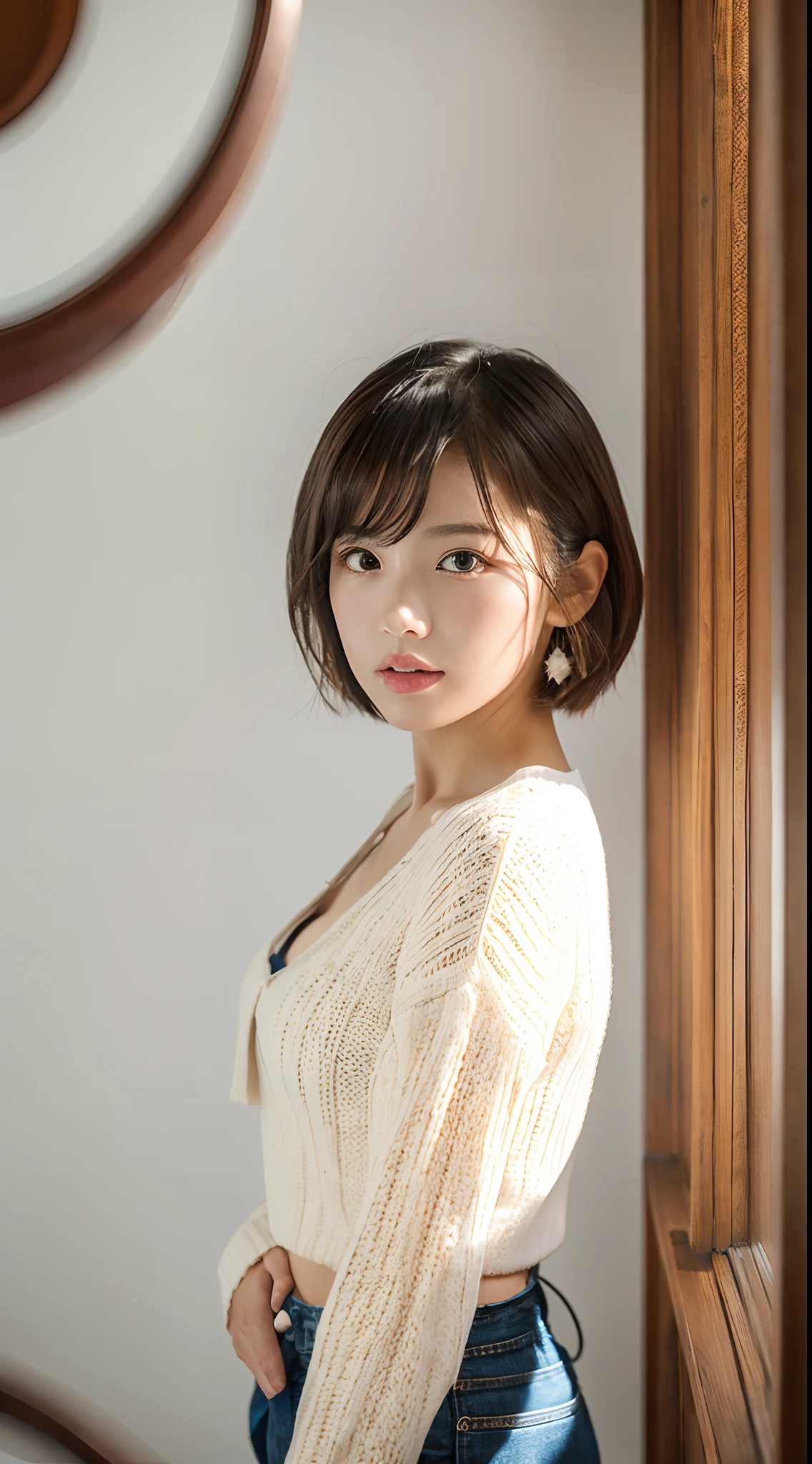 (8k, RAW Photo, Best Quality, Masterpiece:1.2), Ultra Detail, Super Resolution, (Realistic, Realistic Photo:1.37), Portrait, High Detail RAW Color Photo, Professional Photo, Extremely Detailed and Beautiful, Extremely detailed, 8k wallpaper, amazing and detailed, huge file size, official art, highly detailed CG unity 8k wallpaper, highly detailed beautiful girl, highly detailed face, highly detailed eyes, highly detailed skin, highly detailed fingers, highly detailed nose, very detailed detailed mouth , perfect anatomy, highly detailed background, highly detailed clothes, 1girl, (20:1.2), 20s, cute girl, realistic body, petite, fair skin, glowing skin , slim body, handsome body, black hair , short hair, (blunt bangs:1.2), smile, cute, youthful, cute face, realistic face, delicate eyes, drooping eyes, lingerie, see-through, earrings, looking at viewer, cowboy shot, facing front, standing posture, Contraposto, dynamic lighting, very large breasts, cowboy shot
