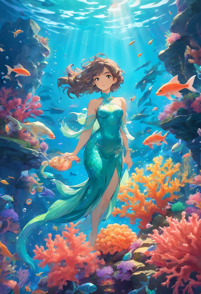 ModelShoot style, (Extremely detailed Cg Unity 8K wallpaper), A chaotic storm of intricate liquid smoke in the head, Stylized abstract photo of mermaid, wetted skin,Koi,Beautiful koi,Flocks of koi,carp,Strange shaped corals,ocean floor,Beautiful coral reef in the background,Rochas,Marine life,colorful coral reef,Decorate with coral reefs,author:Petros Afshar, ross tran, tom whalen, Peter Mohrbacher, Art germ, ((bubbly underwater scenery)) Radiant light octane rendering is highly detailed, inspired by Yanjun Cheng, Beautiful digital artwork, Guviz-style artwork, 8K highly detailed digital art, Beautiful digital illustration, Cute detailed digital art, stunning digital illustration, A beautiful artwork illustration, Exquisite digital illustration,8K detailed digital art