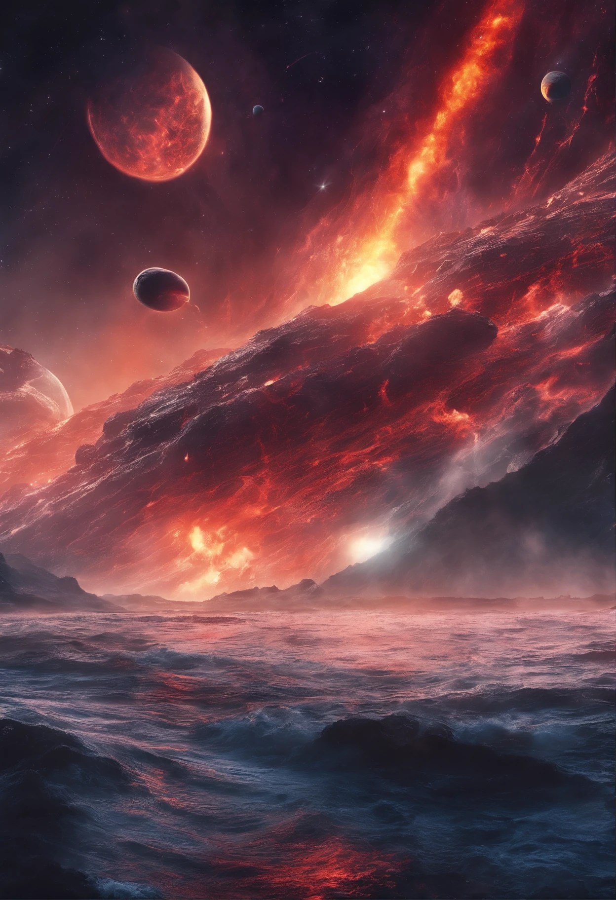 (Undersea volcanic eruption:1.37),Hot magma,Scorched black rock, (Sky volcanic ash),(rolling waves:1.0),Fire red sky,destroy,Epic graphics,shocking effects,,Photography,Barnett S............,Photorealism,Imaginative,Otherworldly,Image from the work of Darren Aronofsky,Quixel Megascans Render,The picture is from Roger Deakins's work,Bottom view,Beautiful lighting, --AR 9:16 --V 5.2 --Upper Beta --Stop 80