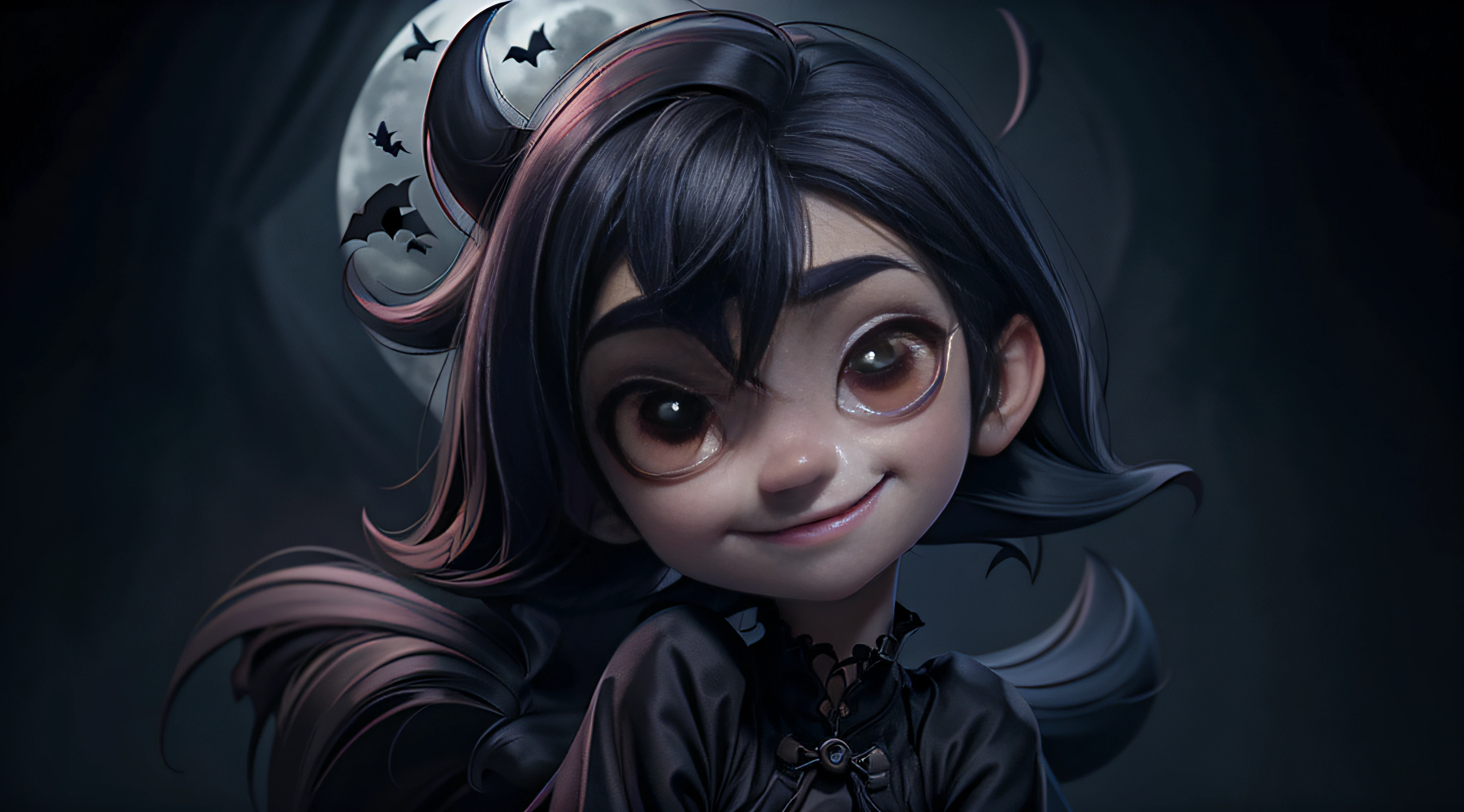 (masterpiece) Mavis (from the cartoon "Hotel Transylvania") a vampire child with long pointed canines, pointed fangs, black hair squared, with a full fringe, red eyes, in the distance a dark castle, bats in the sky. (depth of field, best quality, digital art, ultra detailed)