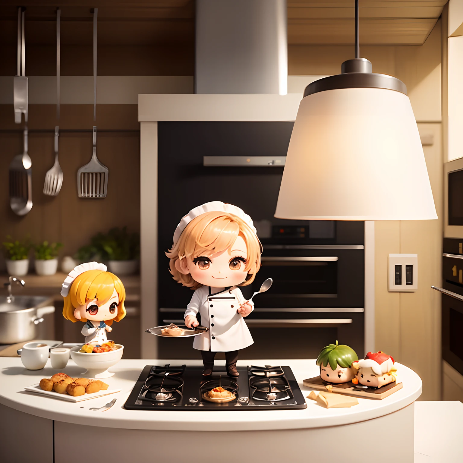 ​masterpiece、top-quality、ultra-detailliert、(Chibi Chara　Cook Man:1.3)、独奏、Chef's white costume、(Chibi Kitchen:1.1)、Cook、Standing、A smile、