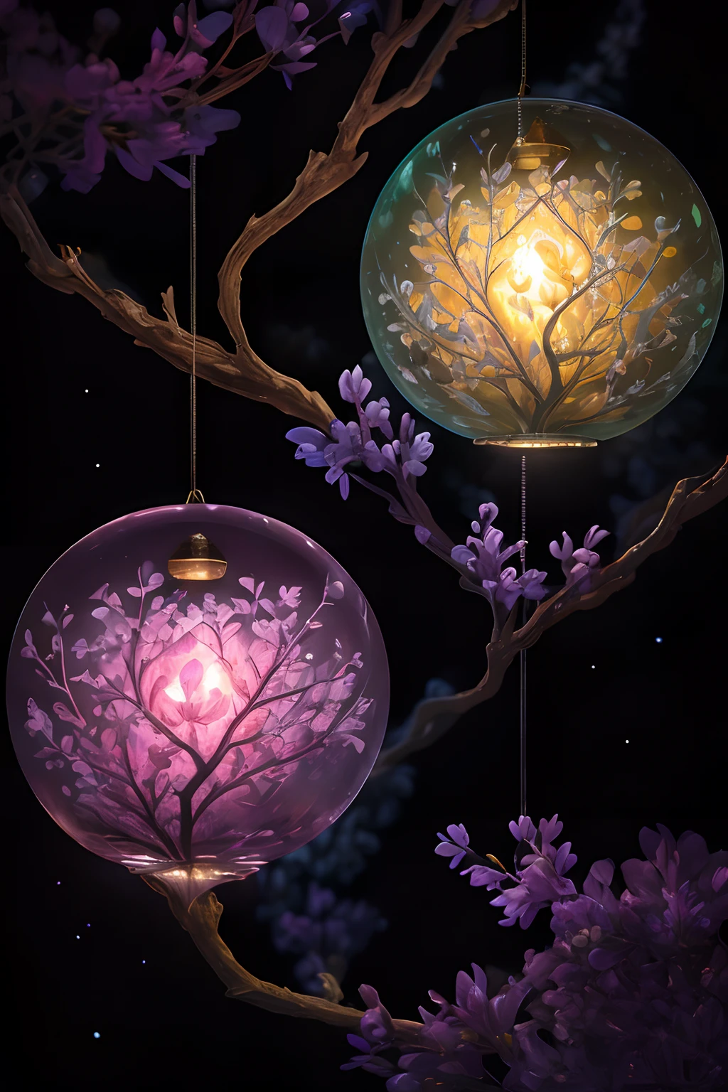 (best quality,8k,ultra-detailed,photorealistic:1.2),exquisite lilac branches,translucent,divine illumination,spectacular spectrum,luminous petals,glowing shine,dark toned background,transparent droplets,reflective light,vibrant,ray of light,light waves,silhouette portrait,sharp focus,mysterious,complex,hyper-realistic,fantastical,essay,ethereal,trending art,pearlescent sheen,hazy silver guardian clouds,corrosive enveloping ray family,illusory AR 23v4 spherical pendant