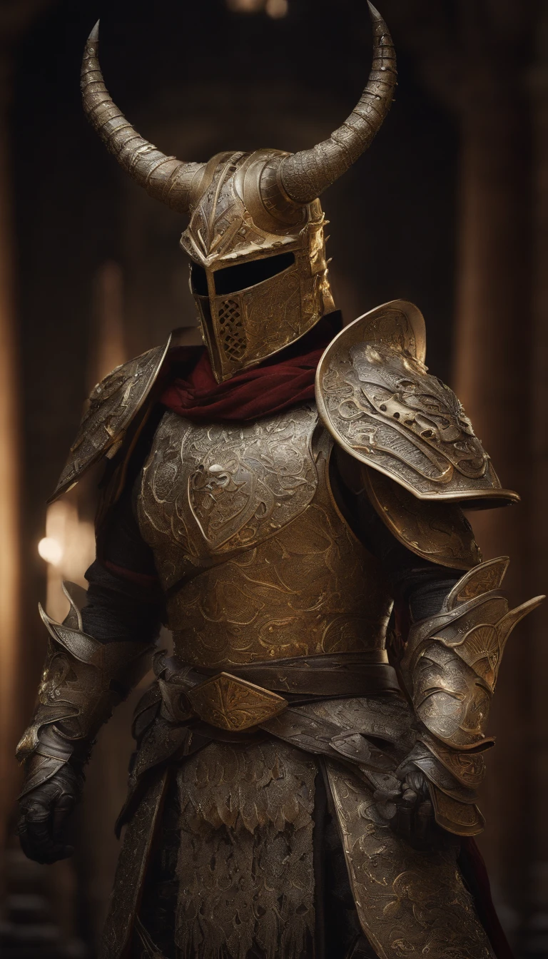 warrior, concept-art, author：Kishiganku, Fantasy art, battleground background, clean render, a horned, Wear a suit of armor, Detailed bushido form smoke, helmet of a forgotten deity, character is standing, 8k Realistic, in game render, detailed face background detail, Art station front page, taur, Pseudo-medieval fantasy, A deity wearing koi armor, detailed bronze armor, Bronze armor, golden etched armor, gold obsidian armor, Light gold armor, Gorgeous filigree armor, A demonic warrior, Gorgeous armor full of thorns, Intricate assasin armor, Intricate metal armor, powerful warrior, Dressed in gorgeous gold armor，Decorated with intricate patterns, The helmet has a large crown and two horns,Glowing red eyes， Everything is in the dark, The smoky background hints at battle scenes, Add an ominous aura to his character，submission, Full body shot.fully body photo