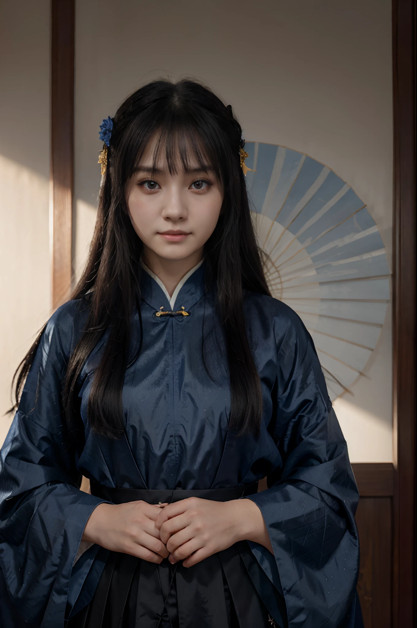 a 18 years-old female, beautiful, (wearing dark blue hanfu), (take a Chinese paper fan), (wears an evil smile), black long hair,bright eyes, gradient eyes, (real and anime style), reflection light, ray tracing, depth of field, (cowboy shot), cinematic lighting, masterpiece, best quality, high details, highres, HD, 1080P