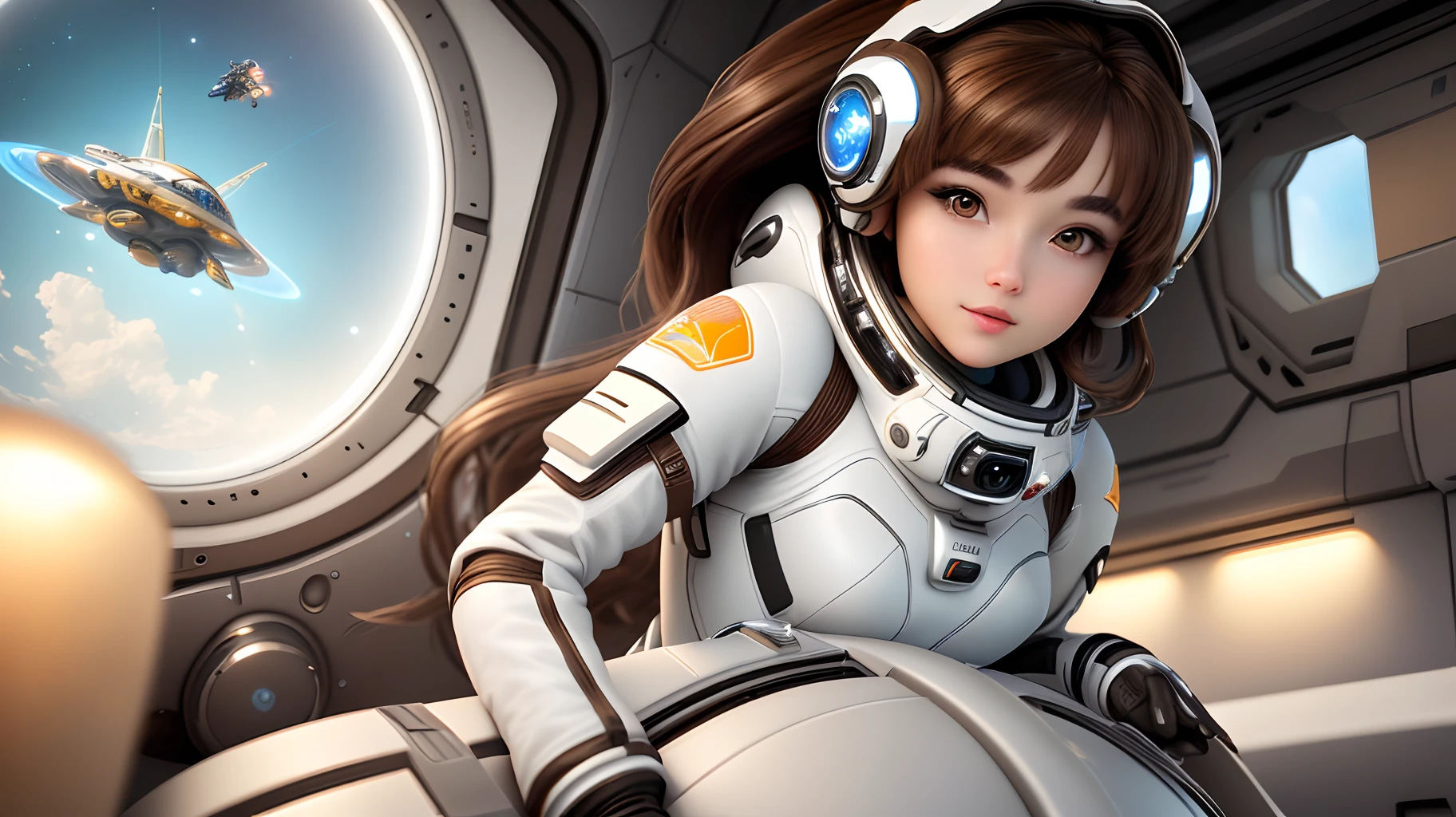 masterpiece, best quality, expressive eyes, perfect face, girl in transparent spacesuit underwear, sitting astride a small planet Saturn in space, transparent fantastic tight spacesuit