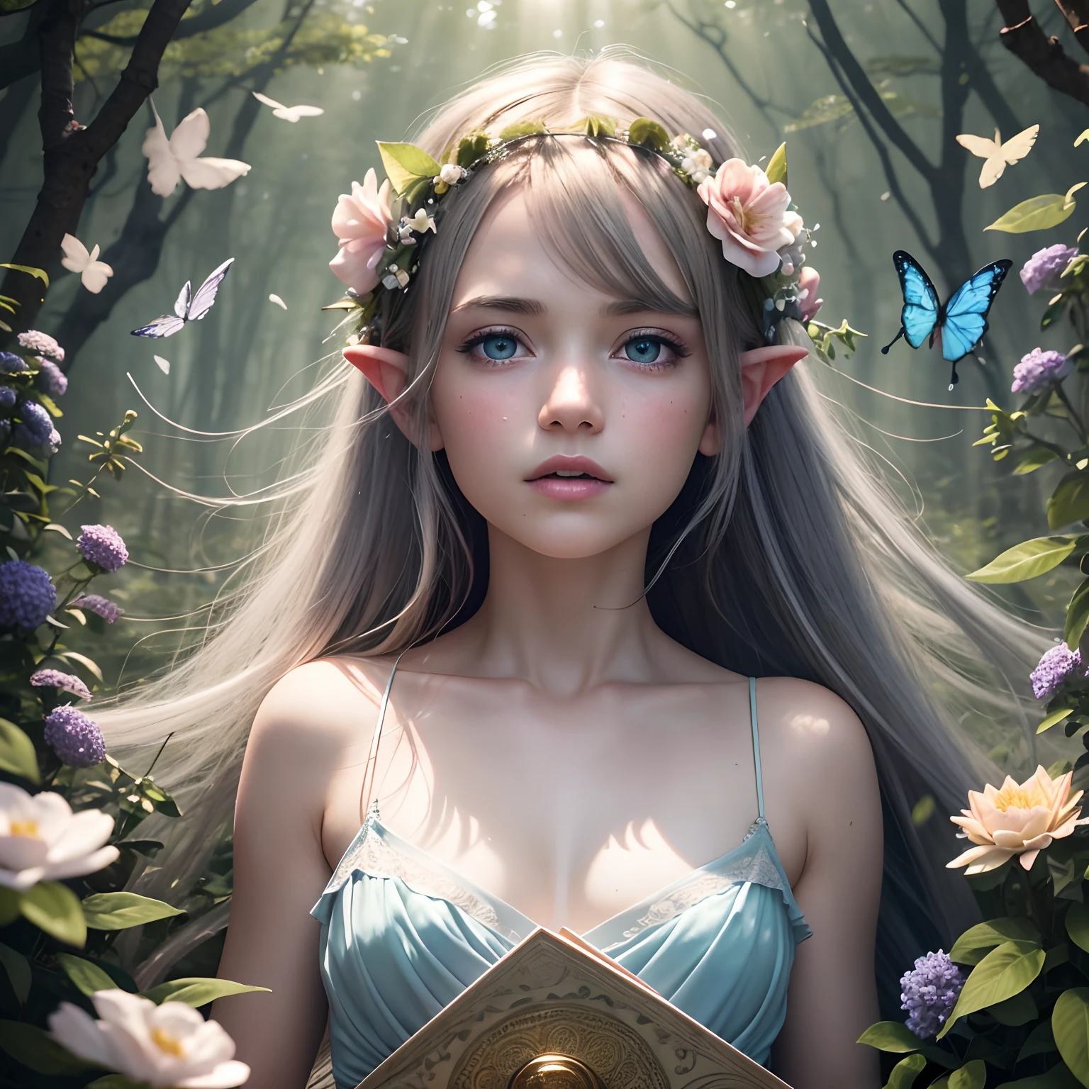 From above, look up, (8k, RAW photo, realistic, photo-realistic, hyper-realistic, highest quality, best quality, masterpiece, highly detailed, absurdres:1.2),
1 elven , 1 girl, fairy, fantasy,
mushroom circle, surrounded by flowers, delicate features, silver hair, glowing blue eyes, mystical aura, angry expression, tears, delicate features, hand on heart, surrounded by woodland creatures, hair adorned with flowers, wearing a translucent sundress, surrounded by butterflies, surrounded by birds, surrounded by sunlight,
(flowers:1.1), floating petals,
(ultra-detailed 16k skin texture with slight imperfections:1.2),
Cerulean and Emerald colour palette,
ultra-sharp focus, shallow depth of field, Diffused lighting , Radiant light rays, Macro Photography , Volumetric Fog