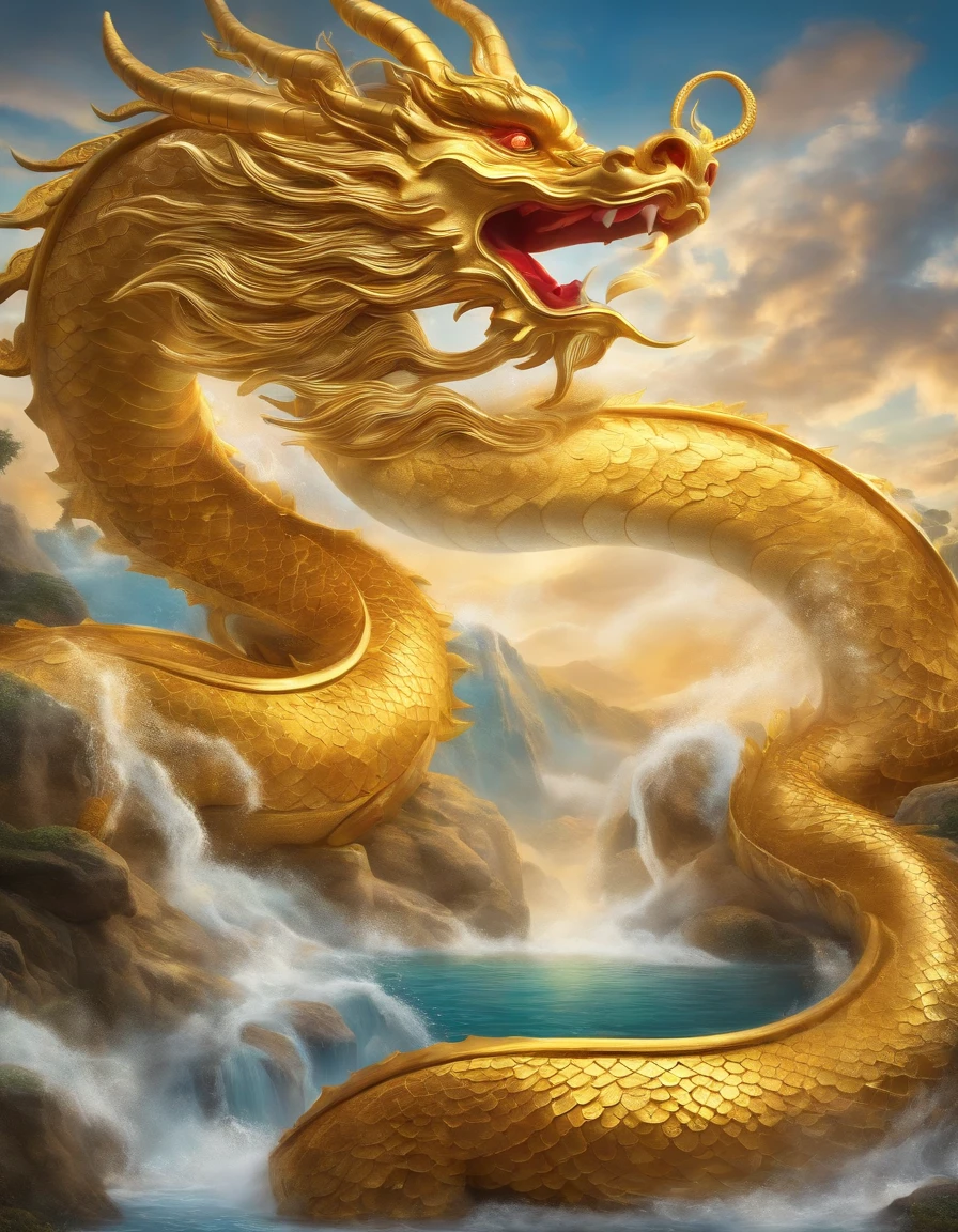 「Make illustrations of the Golden Dragon God。The faucet looks straight ahead、Long as a snake、facing up、Shōryū、Sunny sky、jubilation、Spiritual、Spirit、chakra、Spiritual world、Fantastical」