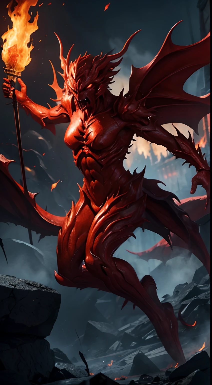 Attack of the Flame Demon Beast,Part of ice、Full body,Anthropomorphic flame、woman body、Bright red body、red eyes、cruel、Realistic Digital, Humanoid、Convoluted, epicd, Dramatic, masutepiece, high detailing, Best Quality, 超A high resolution、Horror movie lighting