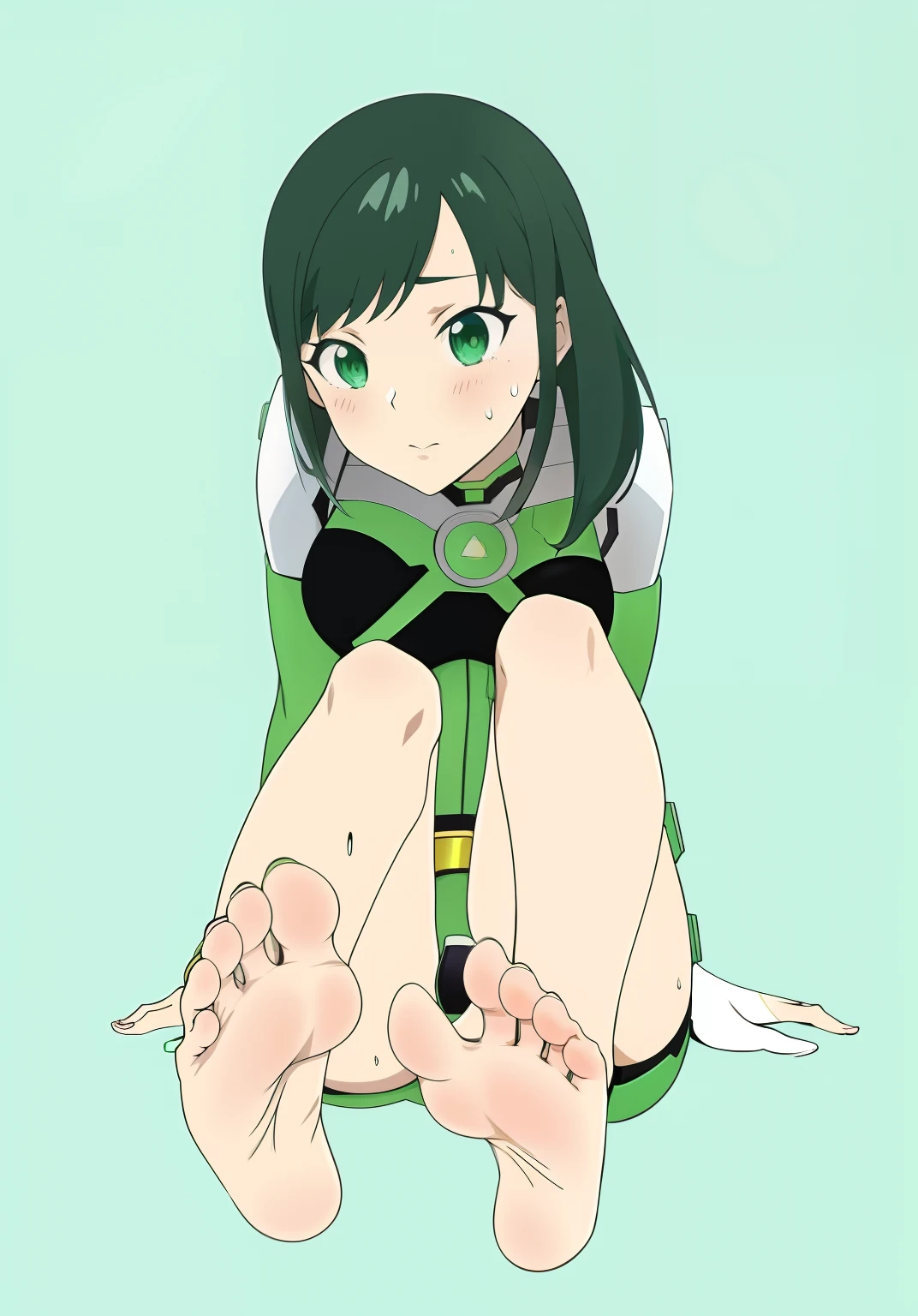 anime girl sitting on the ground with her legs crossed, cellshading!!!, cel - shaded art style, the anime girl is crouching, Cell Illustration, Green combat suit!!, clean cel shaded, digitally colored, cel shaded anime, cellshading, cellshading:15, !!Full body portrait!!, beautiful anime girl squatting, rogue anime girl, colored line art、Sentai Heroine、Super Sentai、Green heroine、sole of feet、Sweaty feet、5 toes
