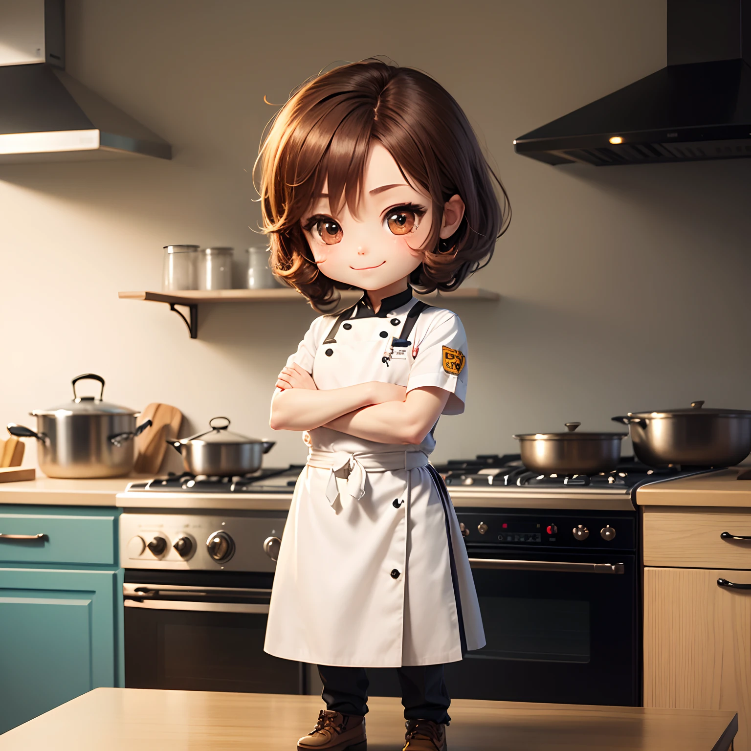 ​masterpiece、top-quality、ultra-detailliert、(Chibi Chara　Cookman:1.3)、独奏、Chef's white costume、(Chibi Kitchen:1.1)、Cook、Standing、A smile、