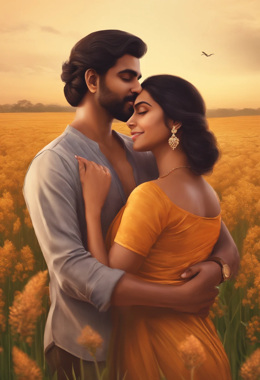 Man looking at camera, Embraced, field, , cuddleso men, back to back, 4k, illustration, digital drawing, animification,y, couple, illustrate,, malaysian indian, tamil, a beautiful couple romantic pose n and beautiful woman,