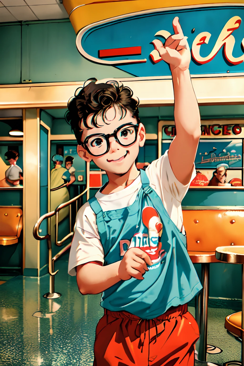 Create a realistic image with a nostalgic 1960s diner poster style. It features a 3-year-old boy wearing glasses, joyfully dancing on top of a diner's table. The scene should evoke the charm of vintage diner posters with creased and torn edges, and it should capture the essence of the era with its vibrant colors and retro aesthetics.