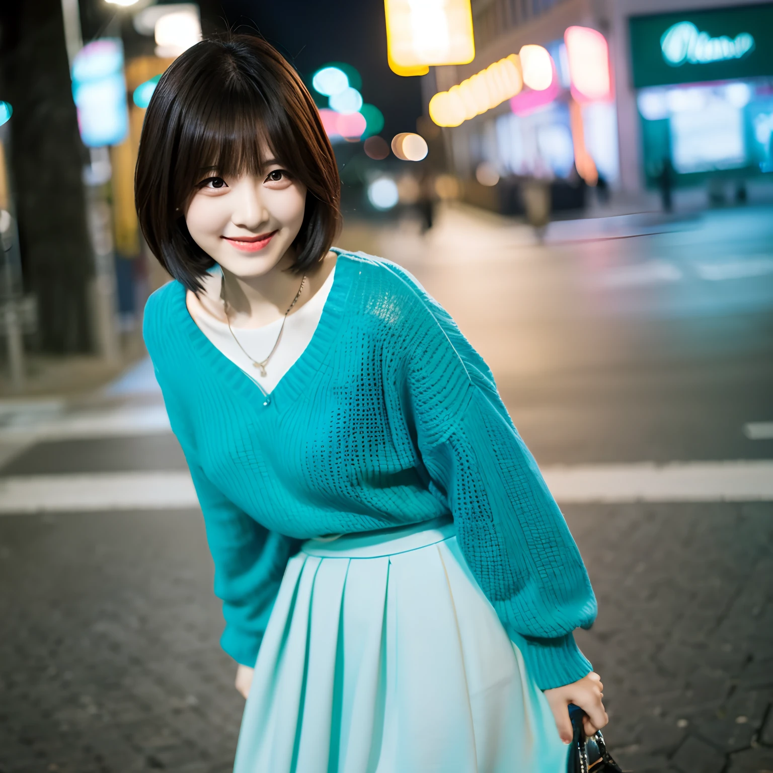 Cute girl, smile, light blue sweater, green long skirt, neckless, bob hair, night city