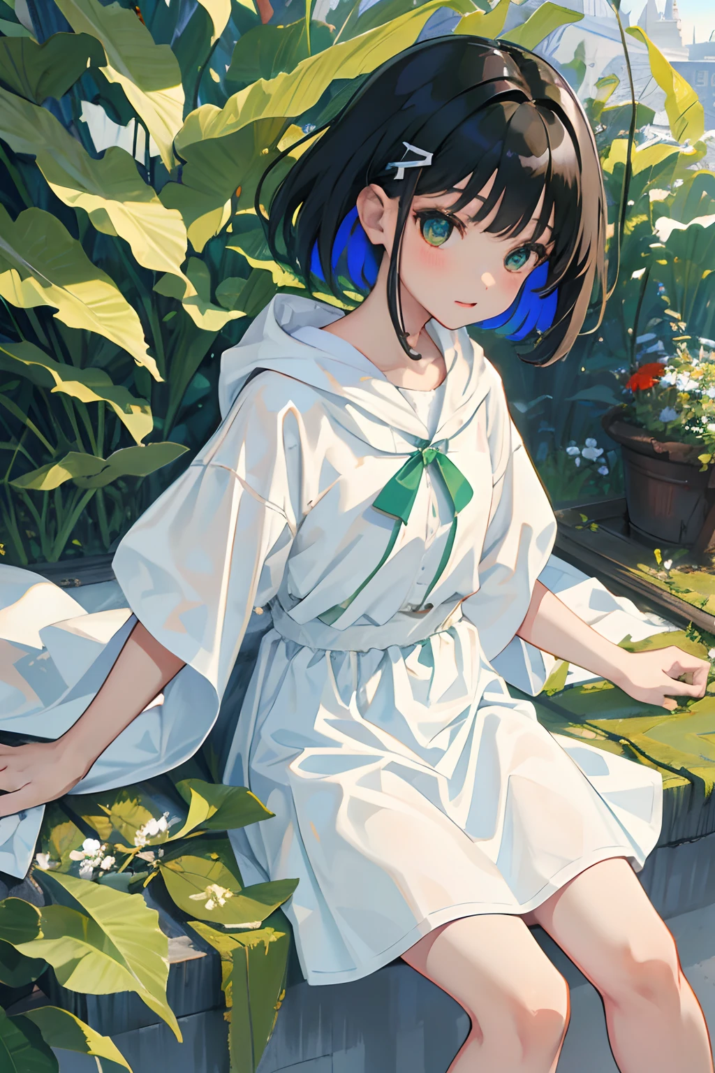 (child)，（​masterpiece，Highest Quality），Light green hoodie with short sleeves，(Long skirt with white gingham check)，A dark-haired，On the rooftop，observitory，the woods，mont，Colored leaves，momiji