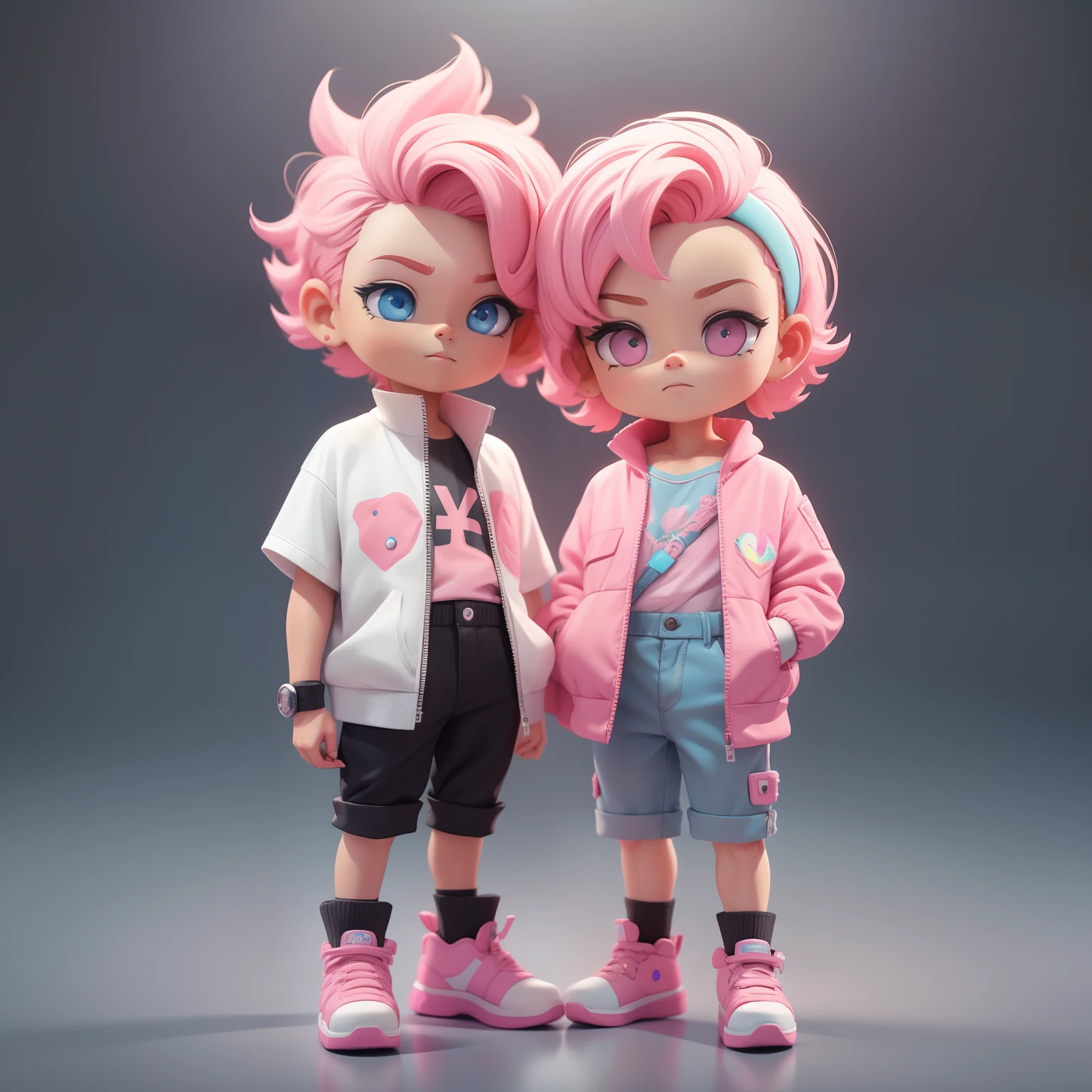 1 cute boy,very short detailed pink hair,Dreamy cute hair accessories Popmart blind box,IP design,Clean bright background 3D rendering,oc rendered,Ultra-fine details,Fine gloss,full bodyesbian,standing on your feet