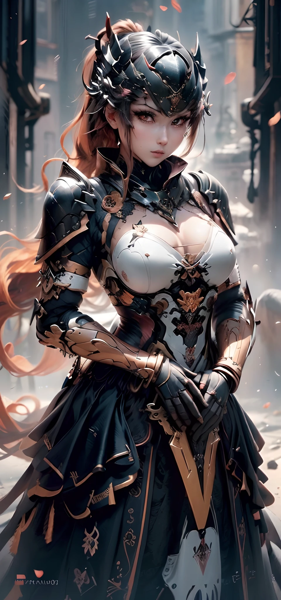 (( (tmasterpiece)，（Very detailed CG Unity 8K wallpaper），best qualtiy，cinmatic lighting，细致背景，beatiful detailed eyes，Bright pupils，（Very fine and beautiful），（Beautiful and detailed eyes description），ultra - detailed，tmasterpiece，hight resolution)), Curly, Richly decorated armor, a beautiful woman warrior, (◯◯Hair-:1.3), cleavage of the breast