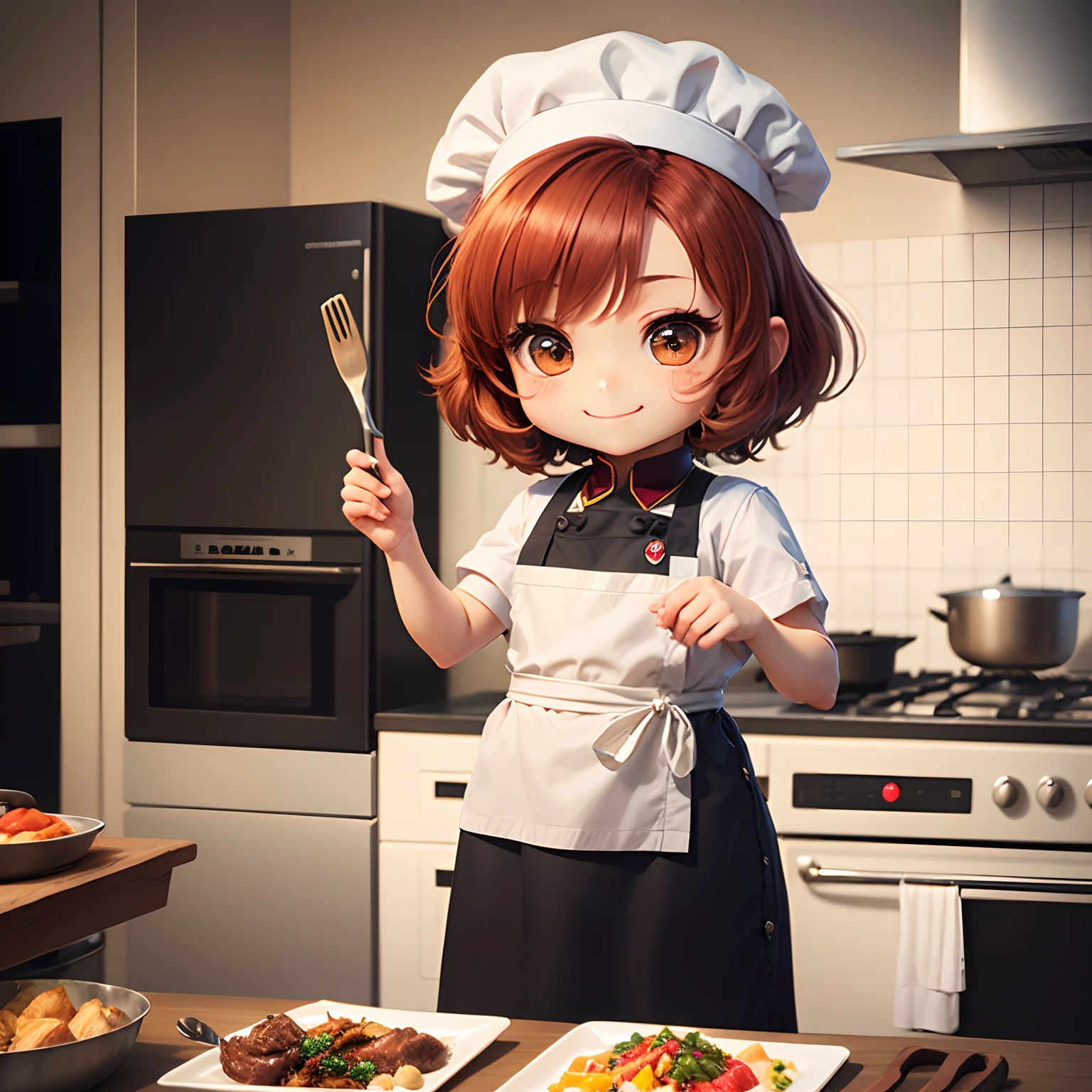 masterpiece、top-quality、ultra-detailliert、(Chibi Chara Cookman:1.3)、Man Solo、Chef's white costume、(Chibi Kitchen:1.1)、(Cooking:1.1)、Standing、A smile、