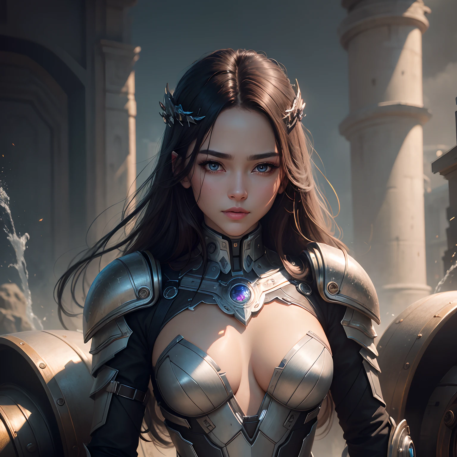 ​masterpiece、top-quality、High-quality images、hight resolution、8K、the detail、Photorealsitic、1womanl、skin gloss、Lustrous hair、Detailed depiction of the eye、Skin and clothing texture、cyborgs、thunder、gear wheel