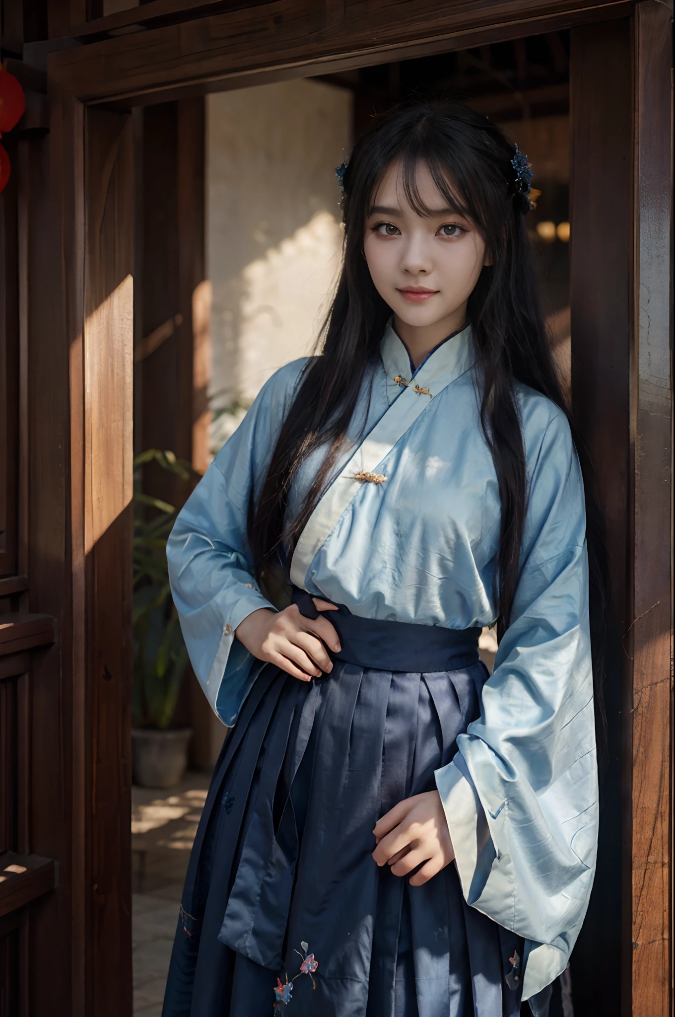 a 18 years-old female, beautiful, (wearing dark blue hanfu), (take a Chinese paper fan), (wears an evil smile), black long hair,bright eyes, gradient eyes, (real and anime style), reflection light, ray tracing, depth of field, (cowboy shot), cinematic lighting, masterpiece, best quality, high details, highres, HD, 1080P