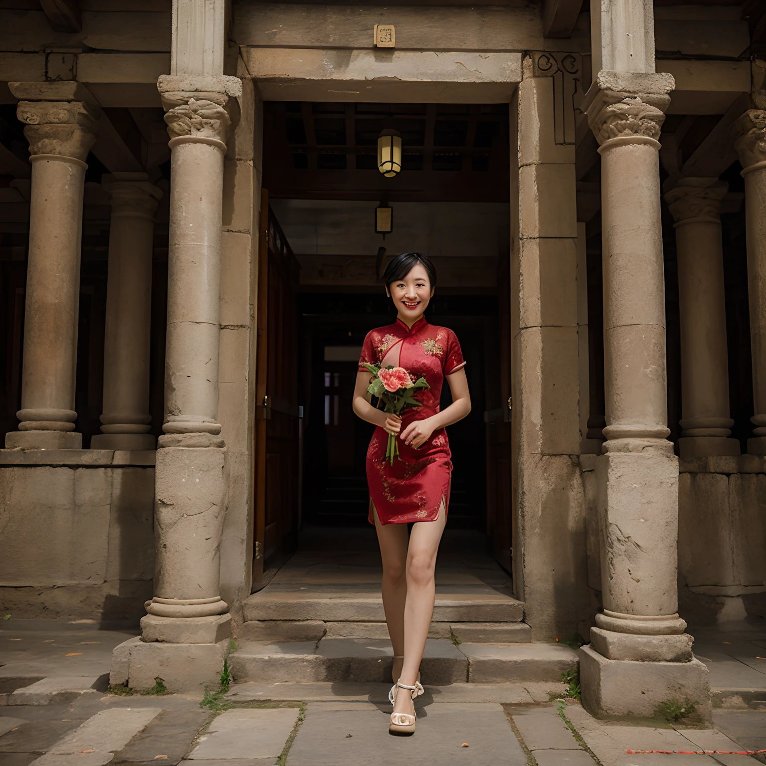 Woman in a long cheongsam of white floral cloth,Walk inside the palaces of the Forbidden City,Holding roses,Do not show your teeth