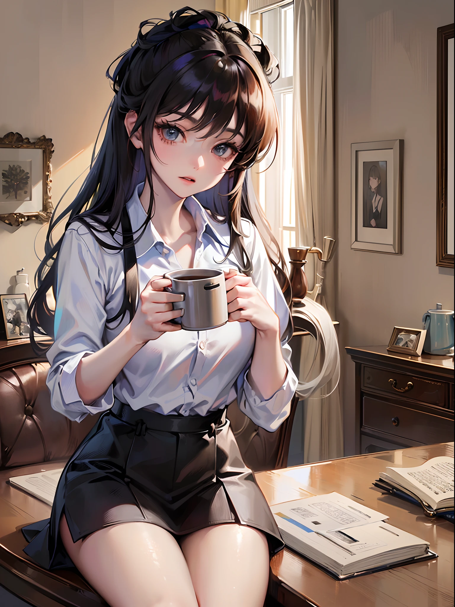 最high quality、best image quality、masterpiece、teenage girl((18-year-old、 By becoming、vest bust、medium bust,wide open breast tea、black eye, gray hair、long hair、thin,highest valley、Black Y-shirt、Black Recruit Suit)),high quality、beautiful art、background((company office))debris flies、Depth of written boundary、movie、visual art、perfect art、8K,genuine