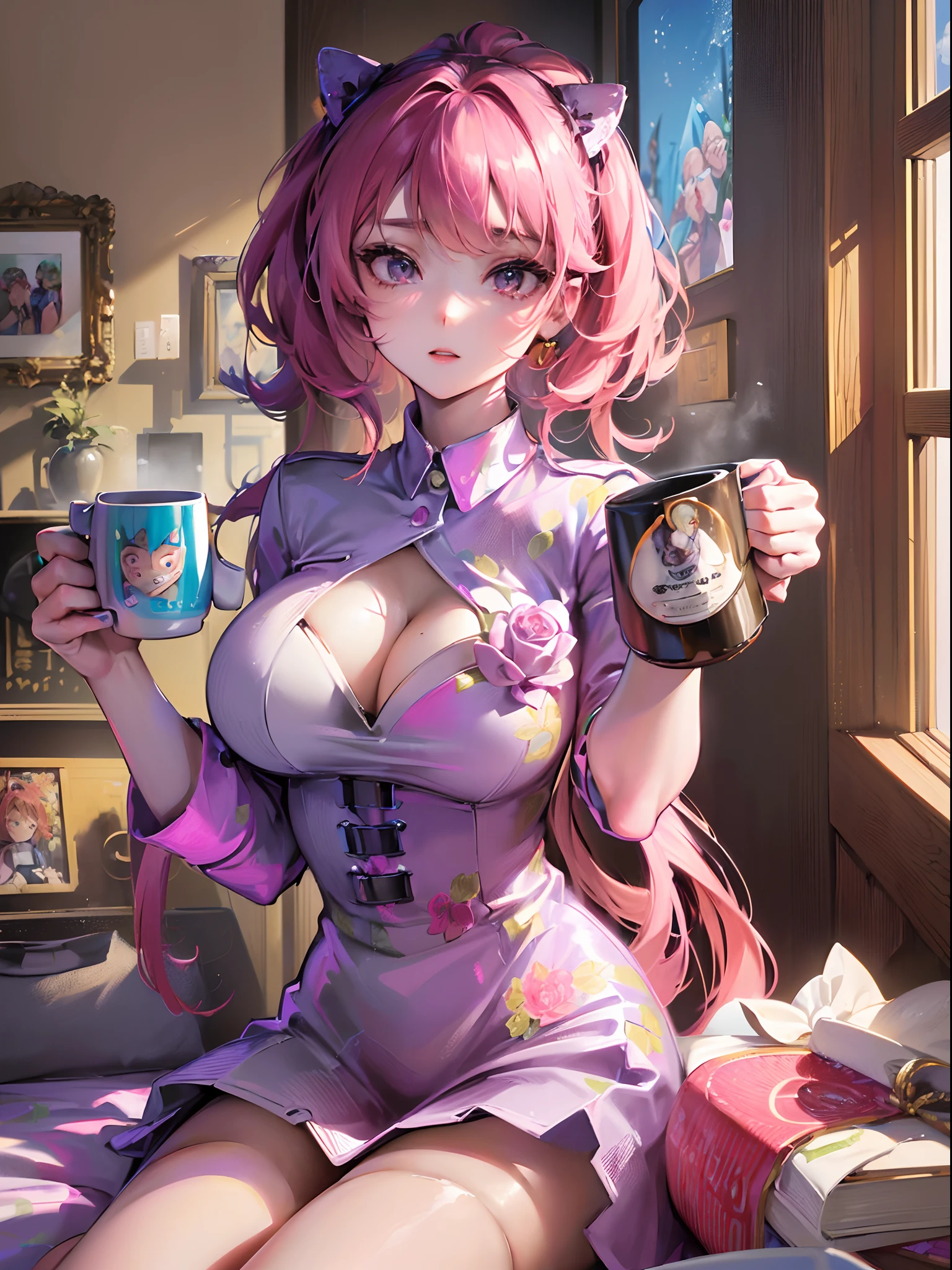 ((Finest quality)),(超A high resolution),(ultra-detailliert),((Best Anime)),sharpnes,Vivid:1.1,The art of astounding depiction, (1 adult female),mug cup:1.3,((Holding the mug with both hands:1.5)),Her room:1.3