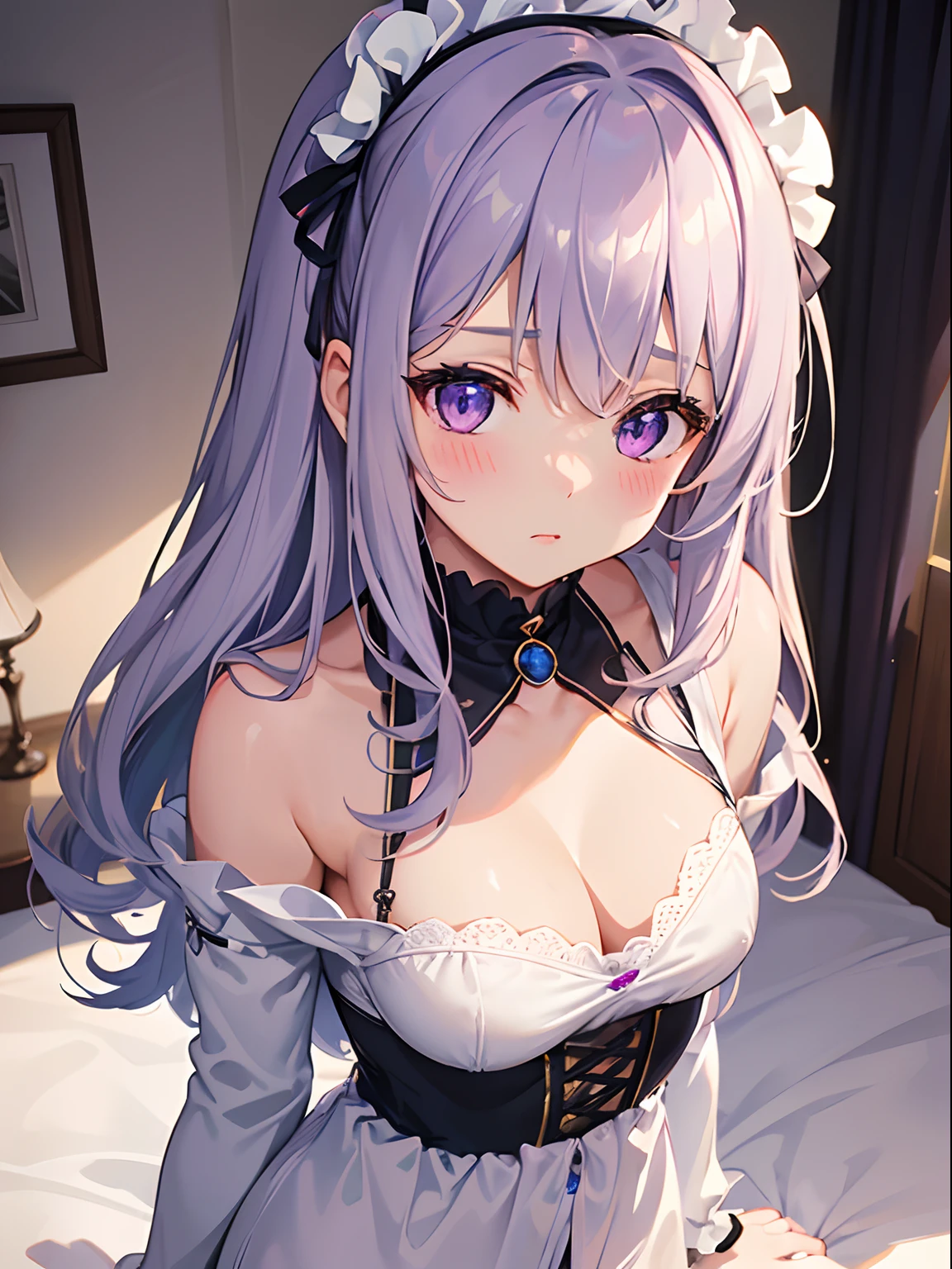 ((4K, master piece, Best Quality)), 1girl in, Silver medium hair, Light purple eyes, Cute, blush, medium breasts, Change of clothes, Room, Underwear is visible,