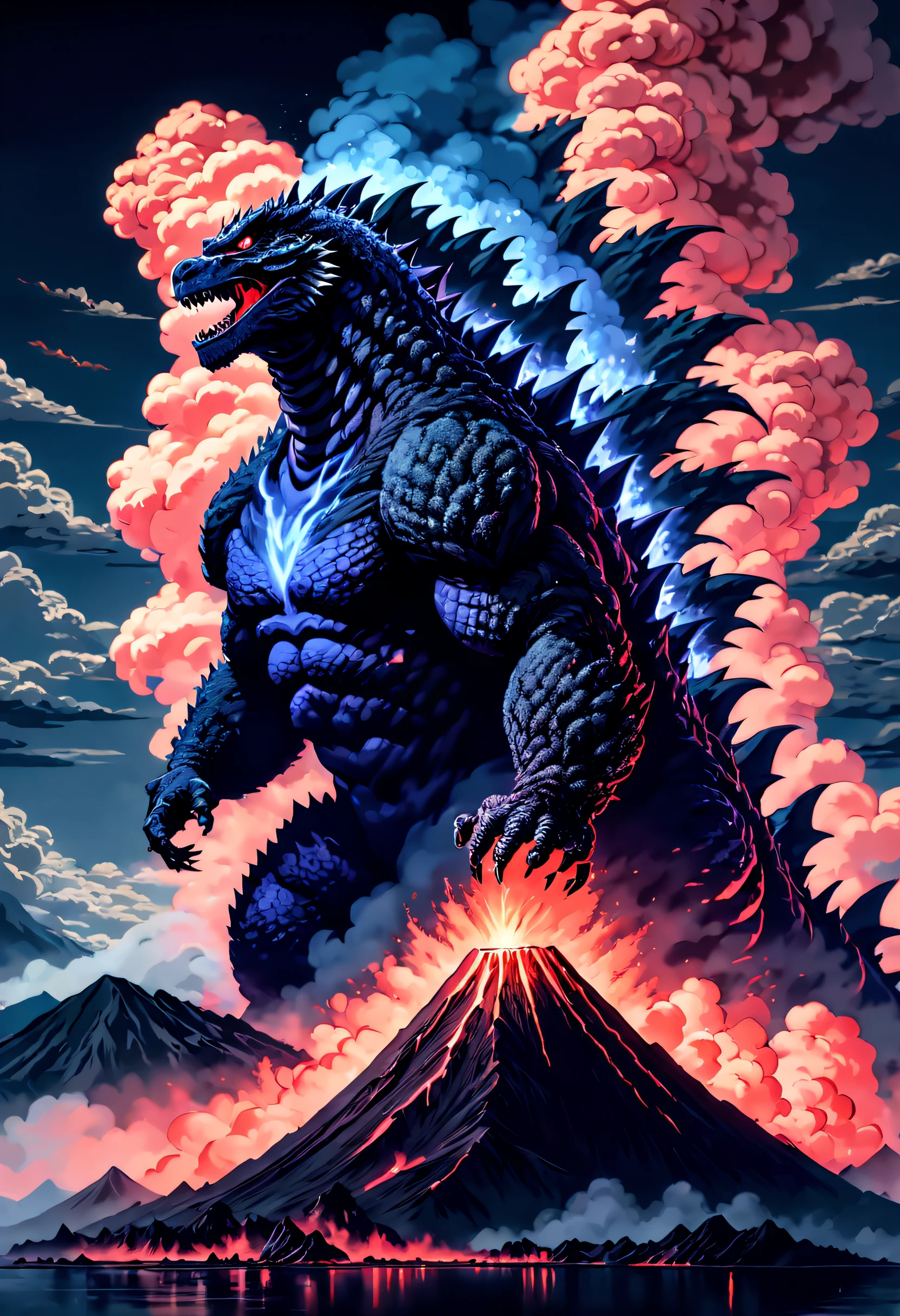 (Best quality,4K,8K,A high resolution,Masterpiece:1.2)，Radioactive contamination and volcanic eruptions，Smoke billowed out，Godzilla stands next to the volcano，Wrapped in smoke，Only the head leaked，The eyes shone blue，,creating a surreal ambiance. Bask in a volcanic eruption in moonlight， Cast an eerie glow on the smoke hovering in the air.pixelart