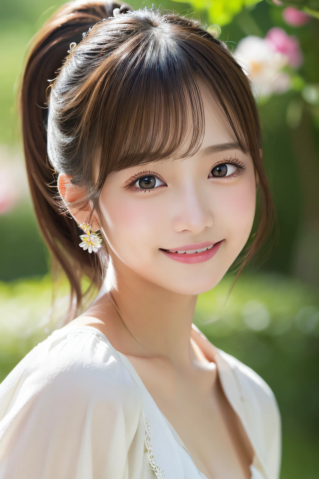 masutepiece, Best Quality, Illustration, Ultra-detailed, finely detail, hight resolution, 8K Wallpaper, Perfect dynamic composition, Beautiful detailed eyes, Women's Fashion Summer,Ponytail hair,Small breasts natural color lip,Smile,Harajuku、20 years girl、Cute、Shot looking at the camera