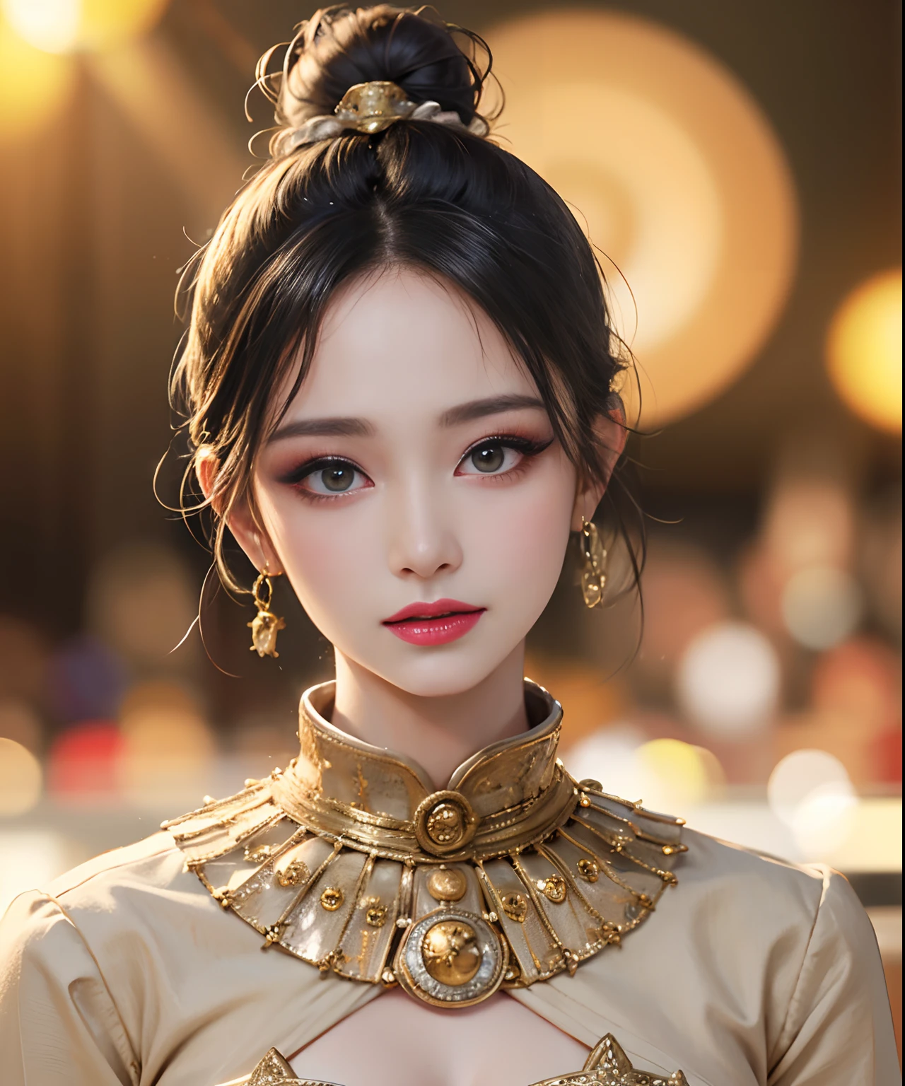 masterpiece, best quality, 8k, beautiful face, high detailed skin,hyper detailed,ultra high res, photorealistic, high resolution, ,lens flare, (Top knot bun:1.5),(same makeup for both eyes:1.5),perfect face,ralistic eyes, detailed lighting, detailed eyes,detailed skin, detailed shadows,ralistic skin,(opened mouth:1.02), (closed eyes:0.9),no make-up,,looking_at_viewer,upper body
